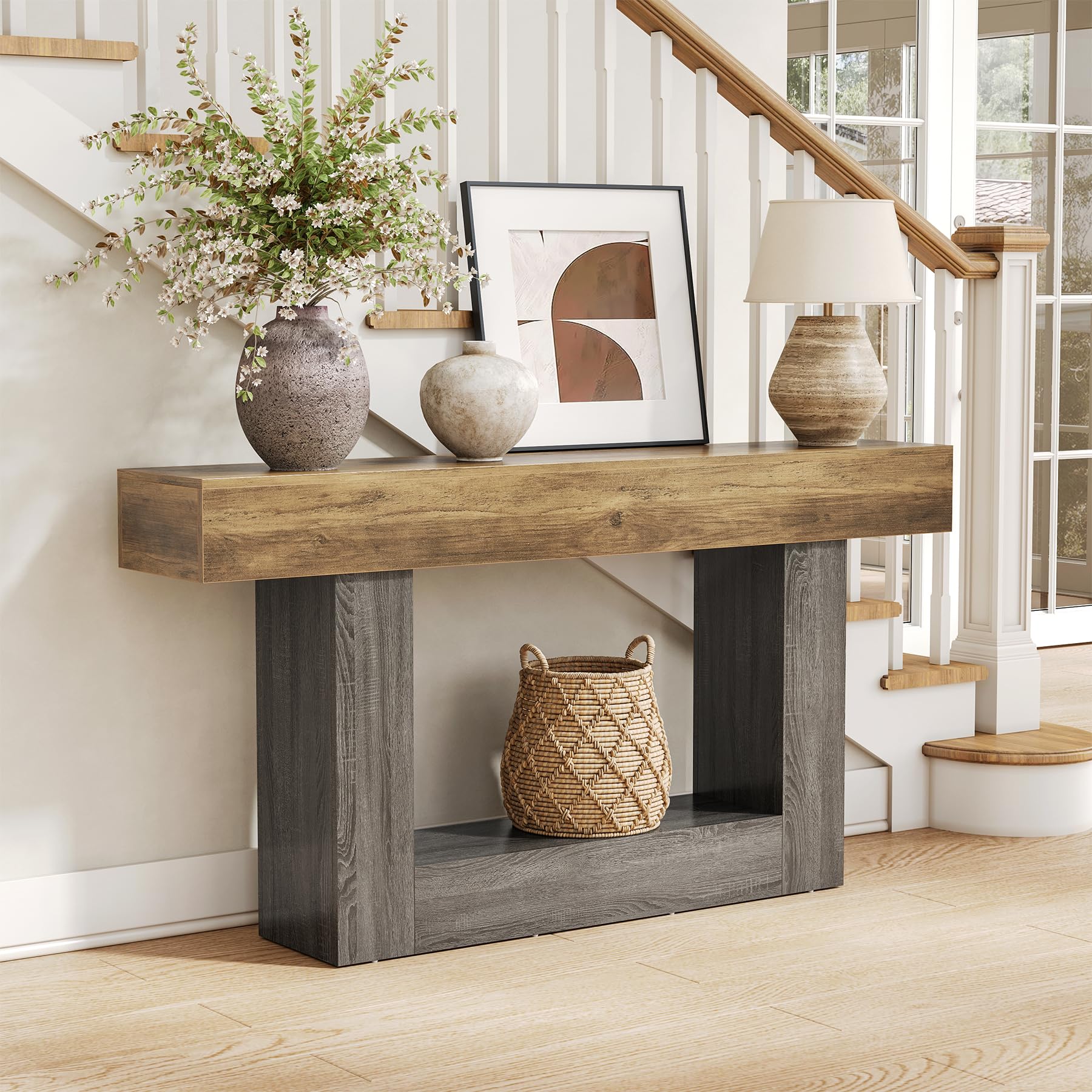 63 Inch 2-Tier Farmhouse Console Table with Heavy Duty Base