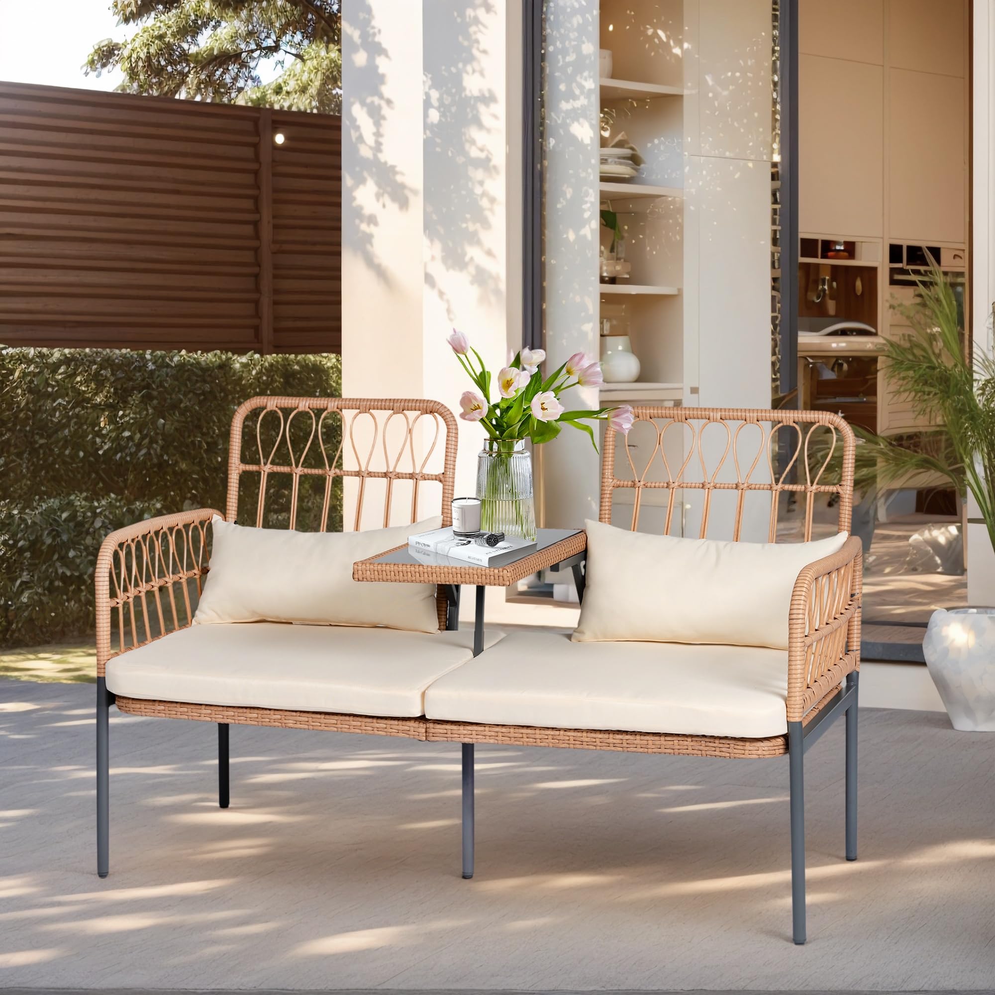 2 Seat Outdoor Rattan Loveseat with Built-In Table