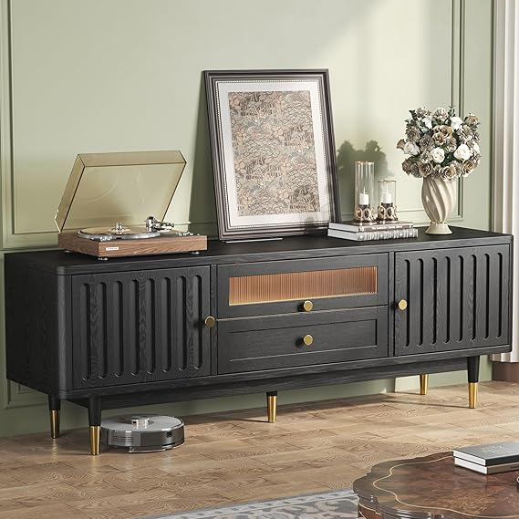 63" Mid Century Modern TV Stand with LED Lighting and Charging Station