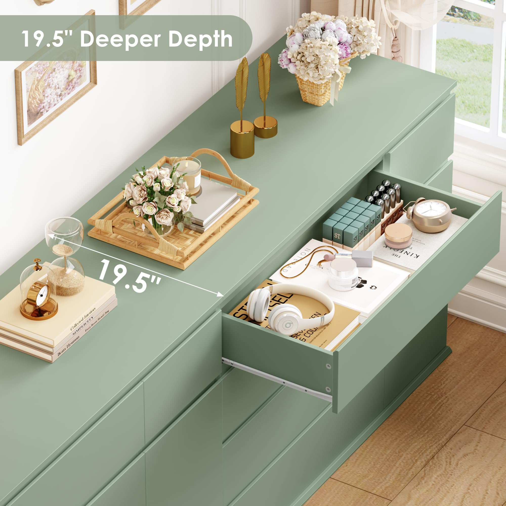 Green Dresser with Door and Deep Drawers