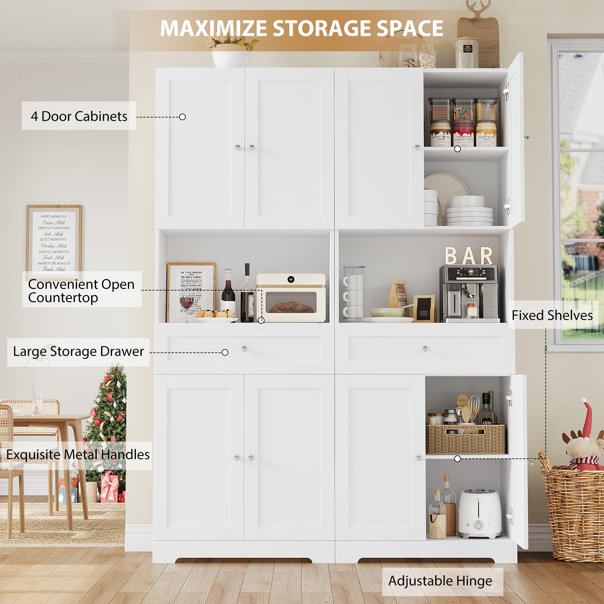 Tall Kitchen Pantry Cabinet with Doors and Drawers