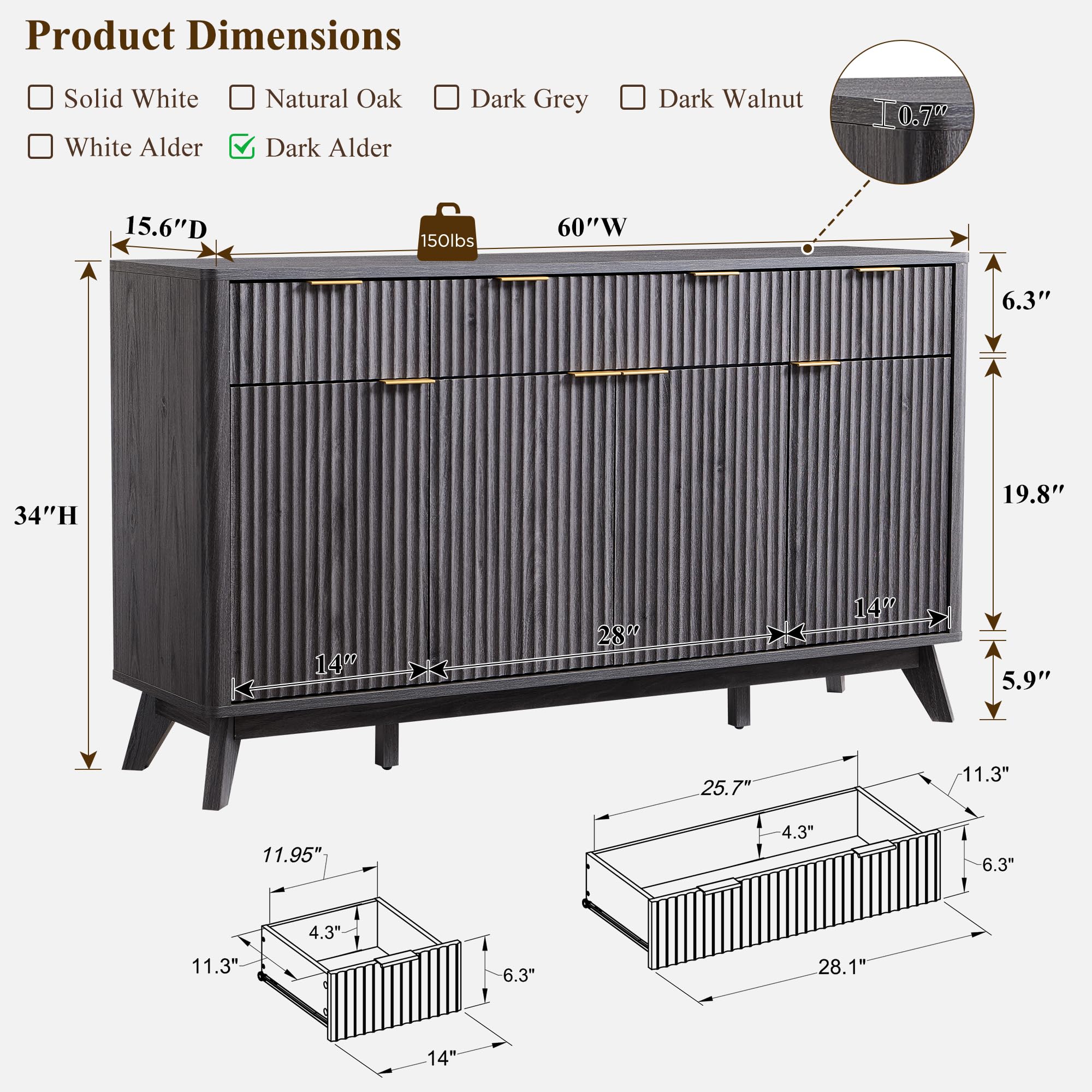 60" Fluted Buffet Sideboard Cabinet with 3 Drawers and 4 Doors