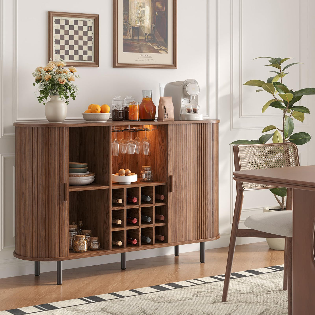 55 Inch Fluted Wine Bar Cabinet with LED Light and Charging Station