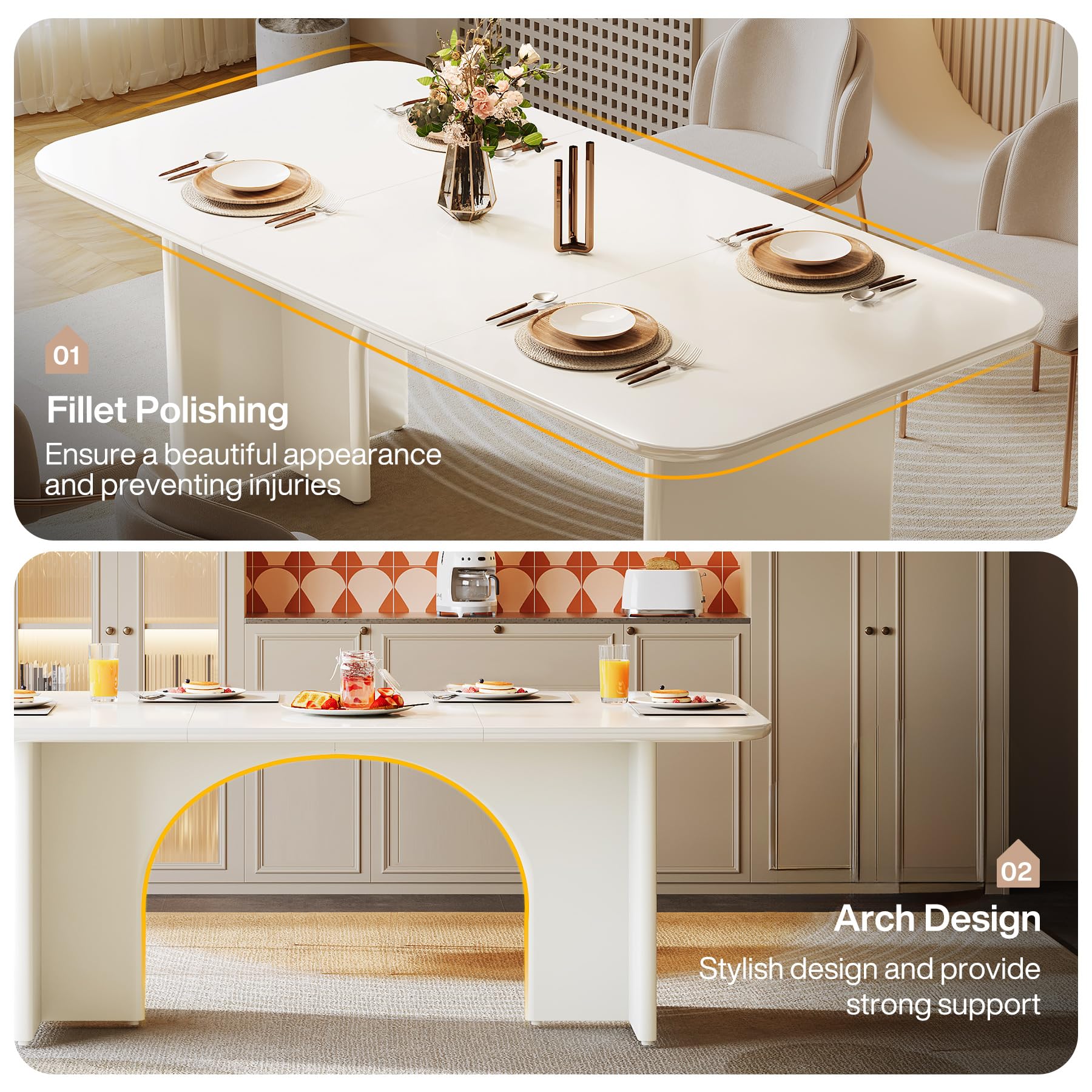 63" White Dining Table with Rounded Edges