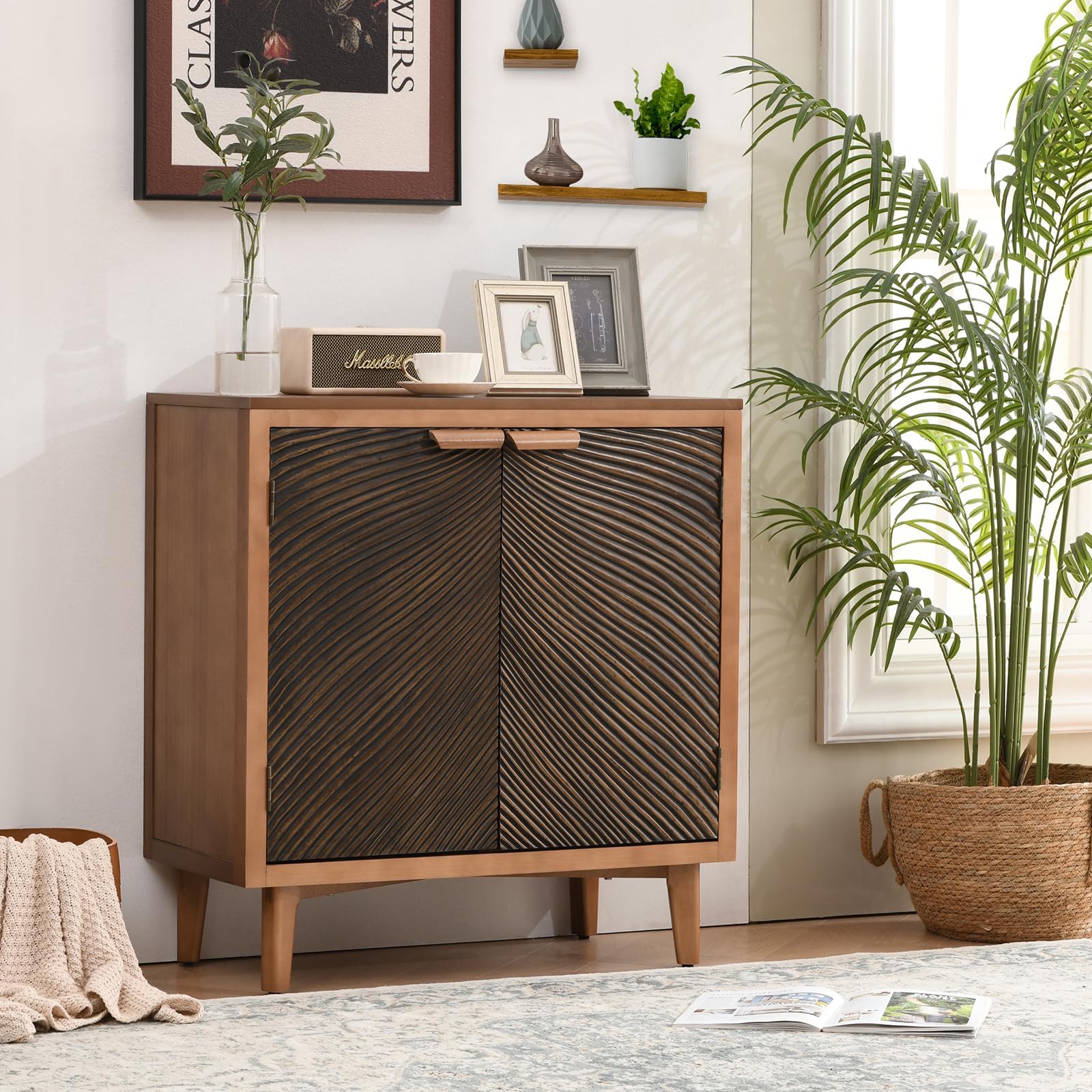 Carved Wood Accent Cabinet with 2 Doors