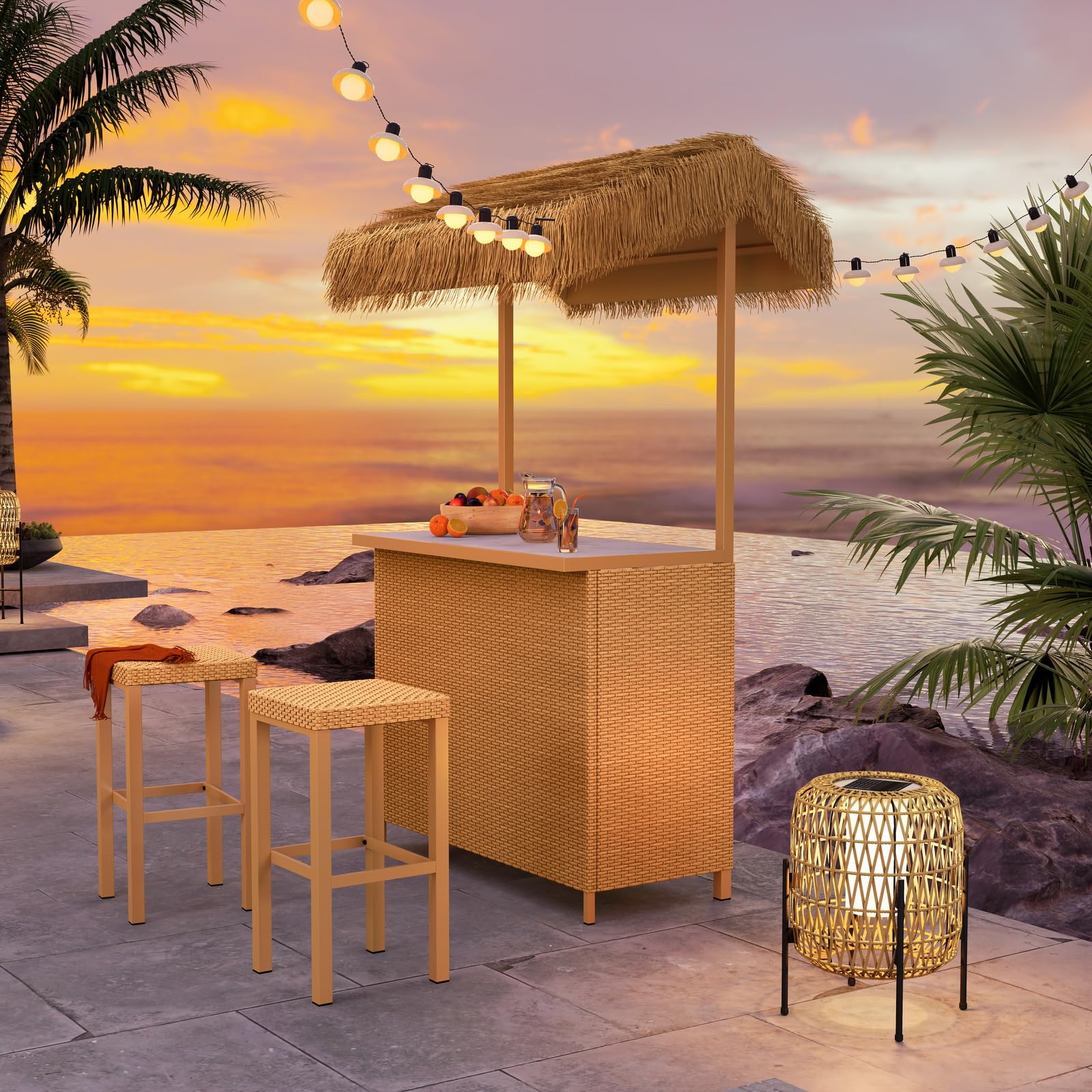 Outdoor Tiki Bar Set with 2 Stools
