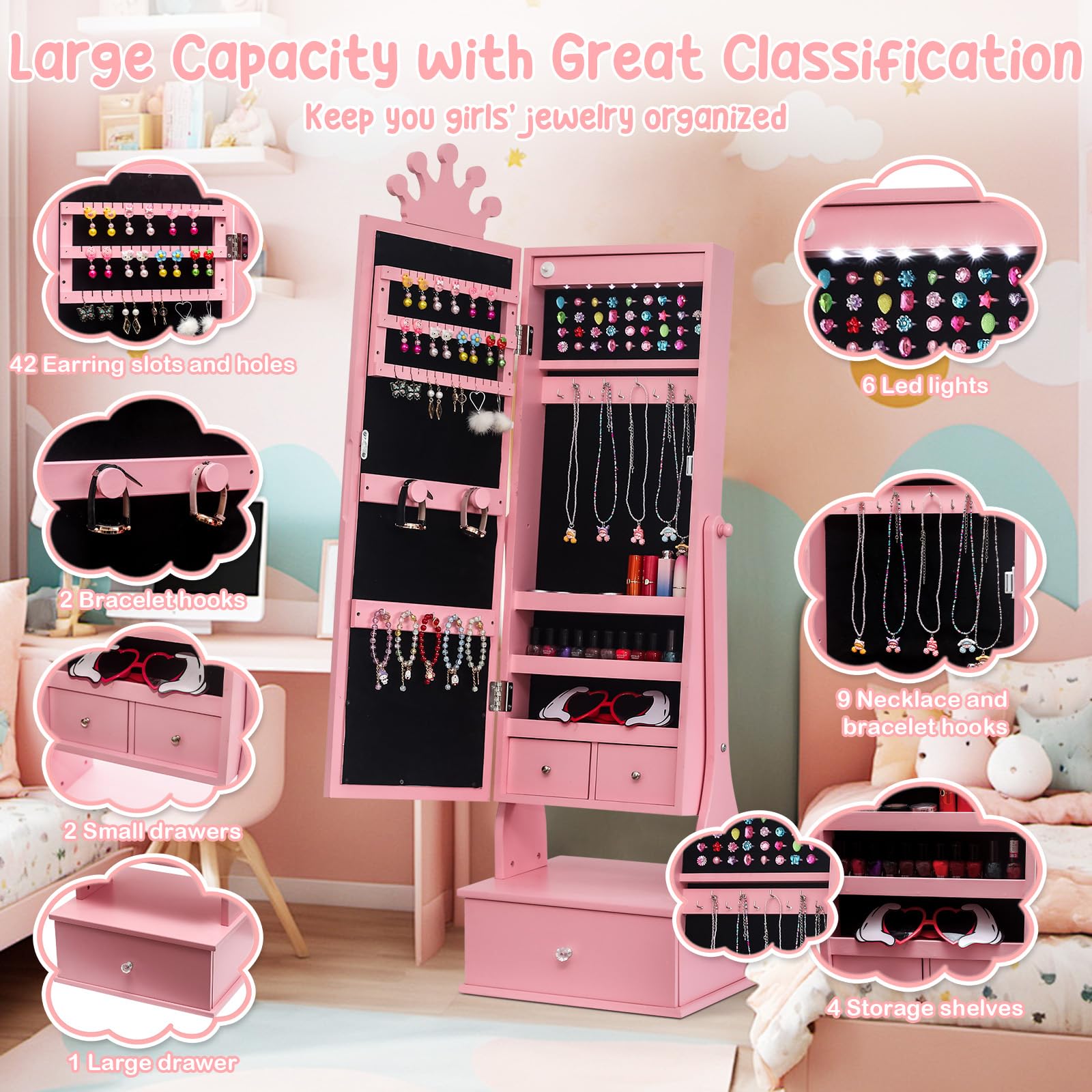 Kids Jewelry Armoire with LED Light and Full Length Mirror