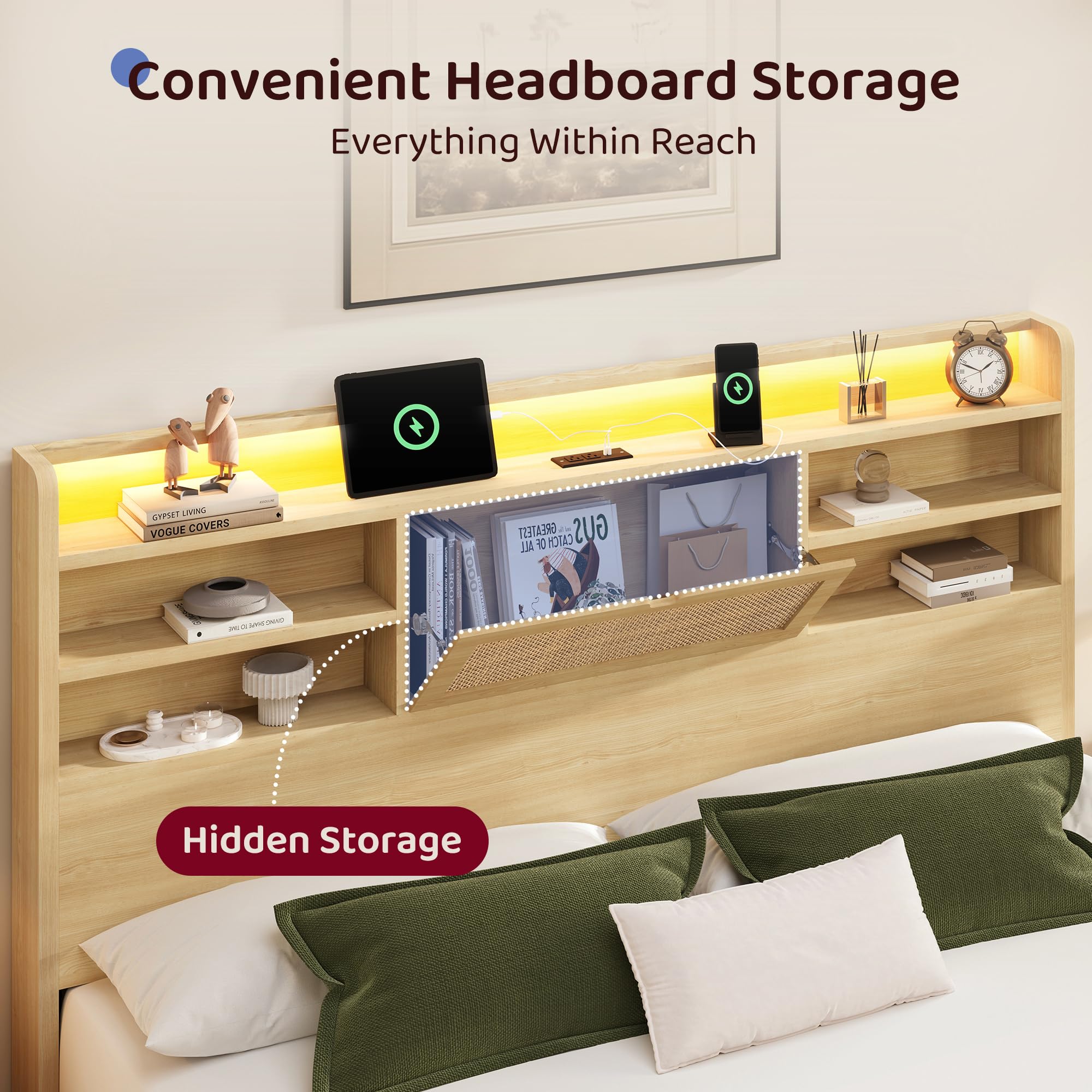 King Size Rattan Bed Frame with Storage Drawers and LED Lights