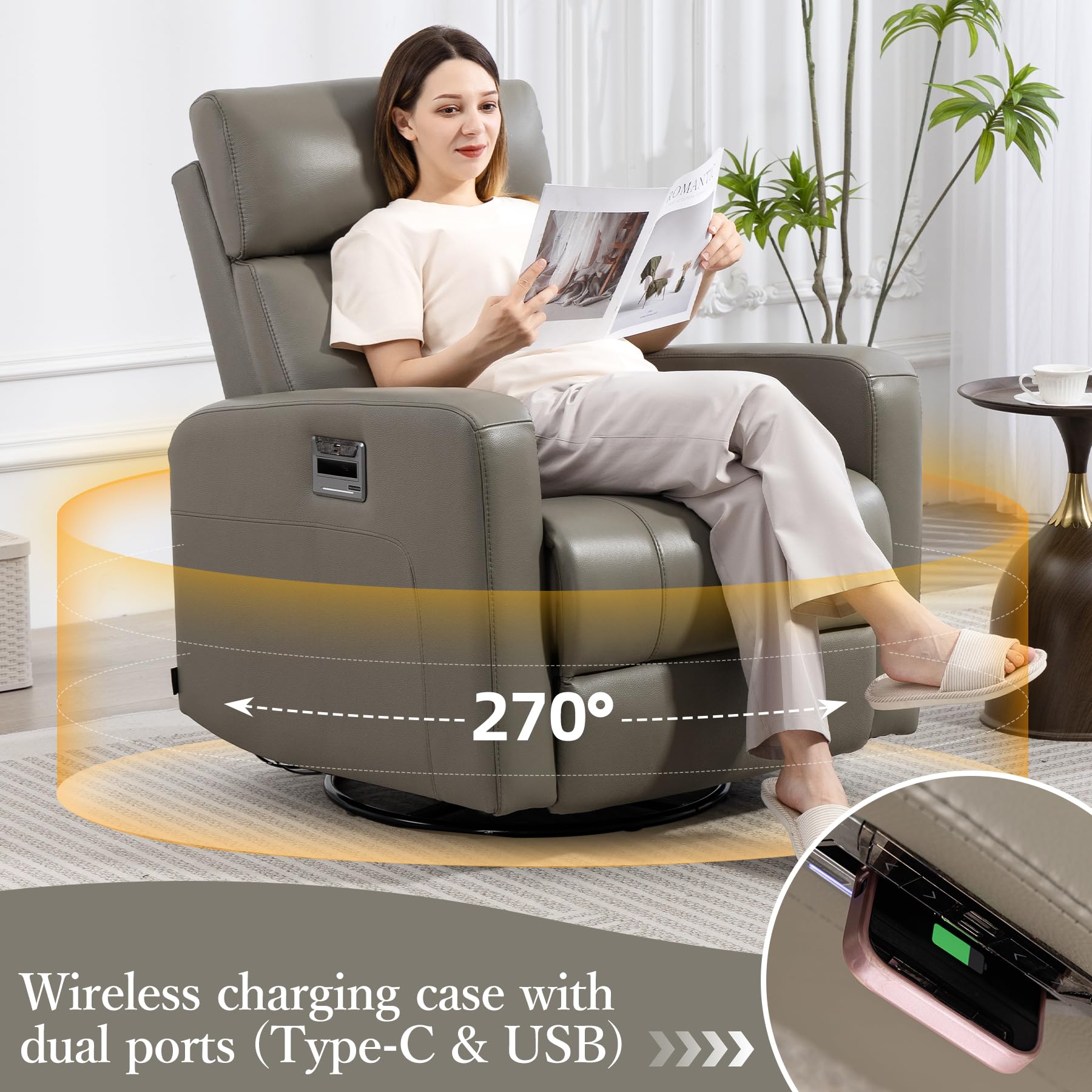 Genuine Leather Power Swivel Recliner with Wireless Charging