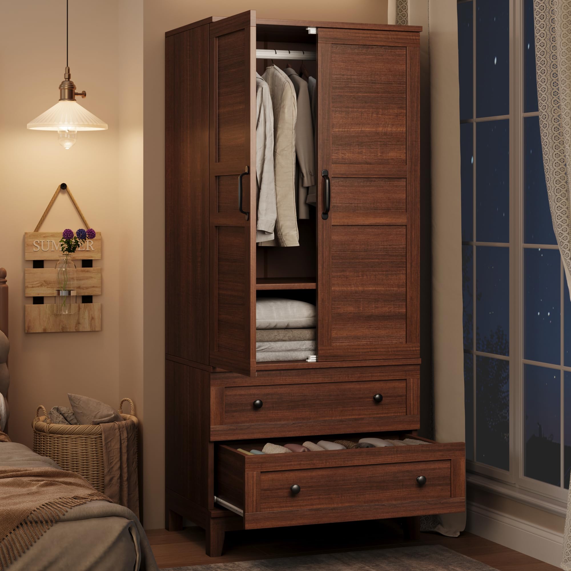 72-Inch Wooden Armoire Wardrobe with 2 Drawers and 18 Adjustable Shelves
