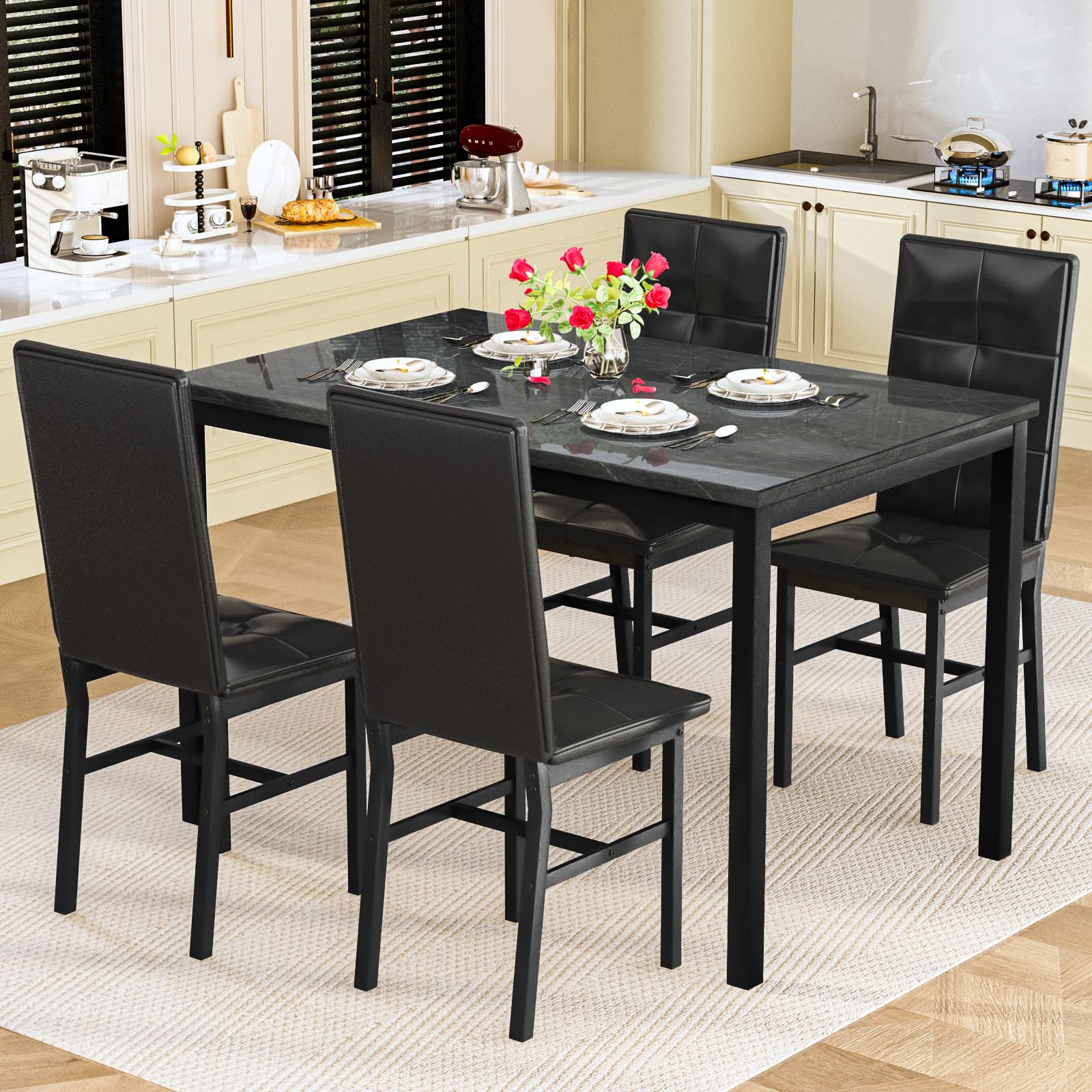5-Piece Faux Marble Dining Table Set with 4 Chairs