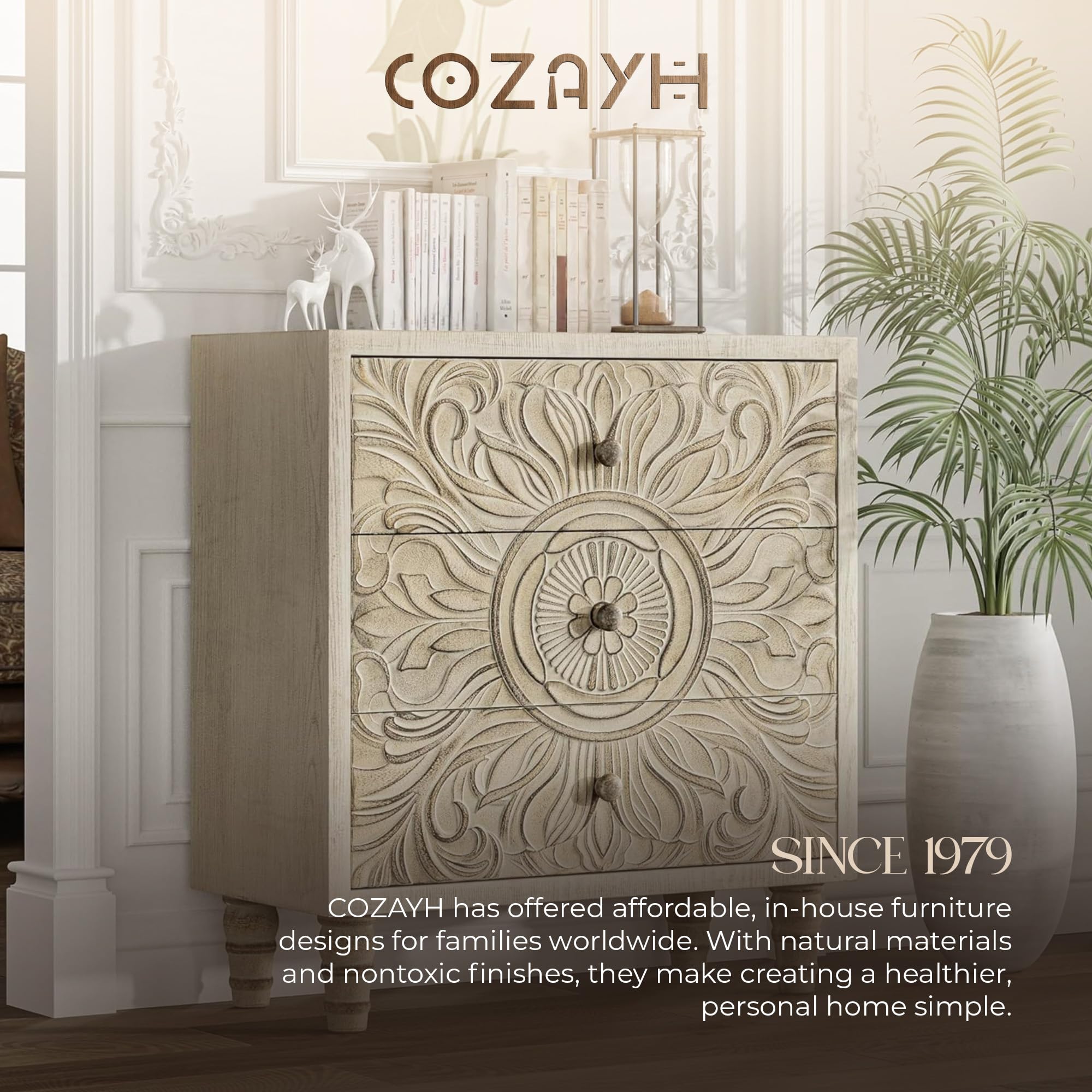 3-Drawer Carved Floral Dresser with Distressed White Finish