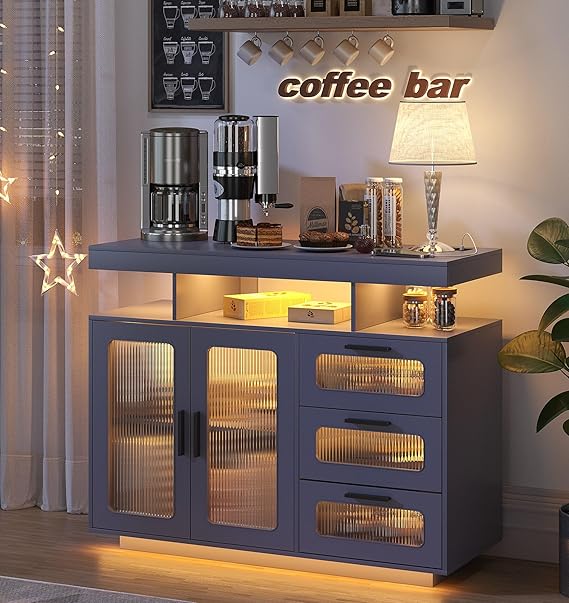 Coffee Bar Cabinet with RGB LED Lighting and Charging Station