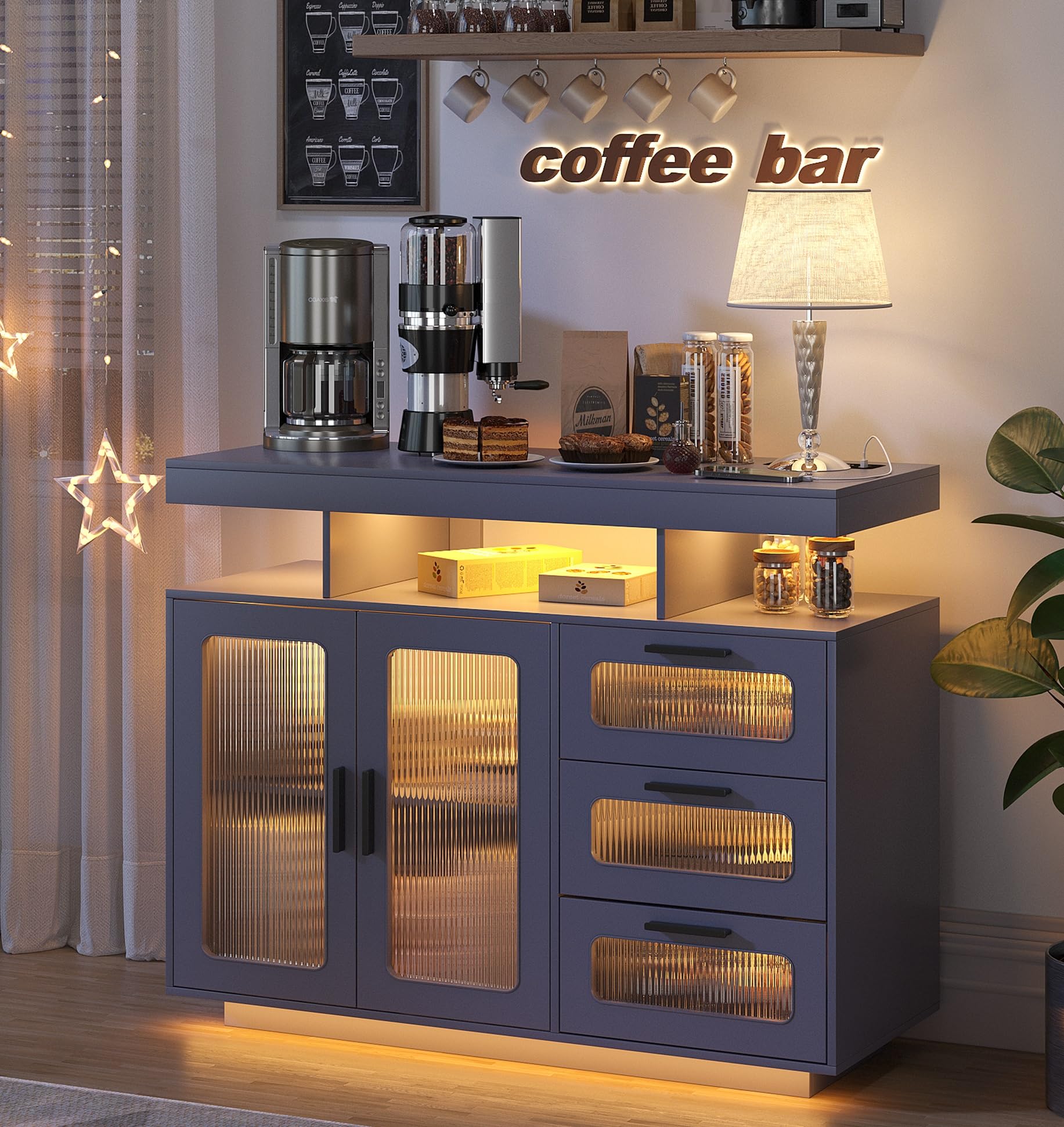 Coffee Bar Cabinet with RGB LED Lighting and Charging Station