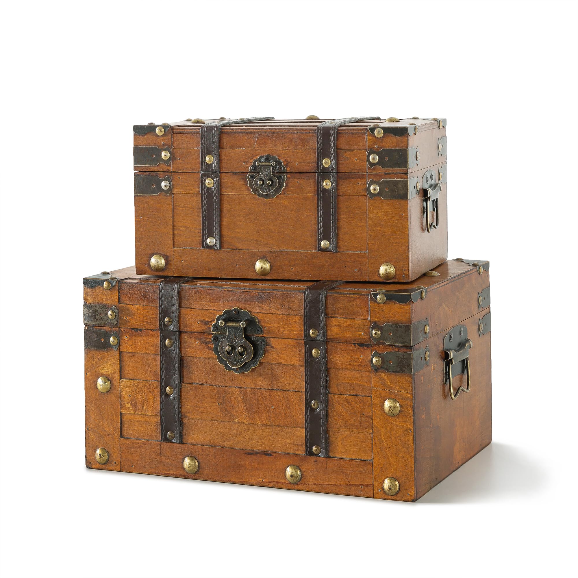 Wooden Treasure Chests Set of 2 with Hinged Lids