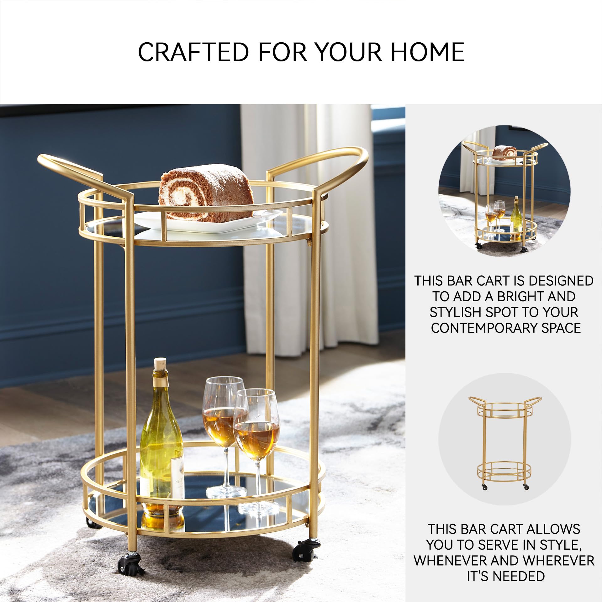 Round Modern Bar Serving Cart with 2 Mirrored Shelves