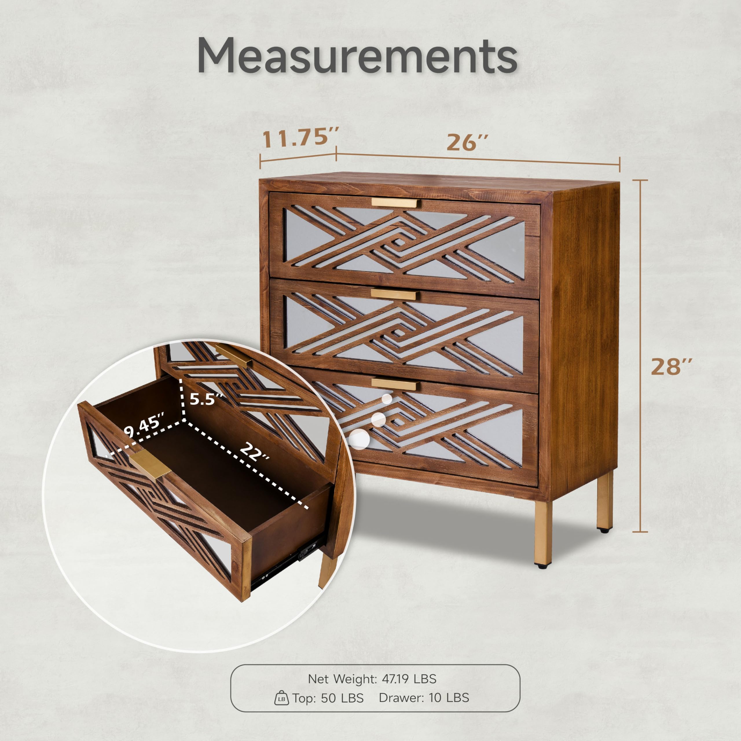 3-Drawer Accent Dresser with Geometric Mirror Front