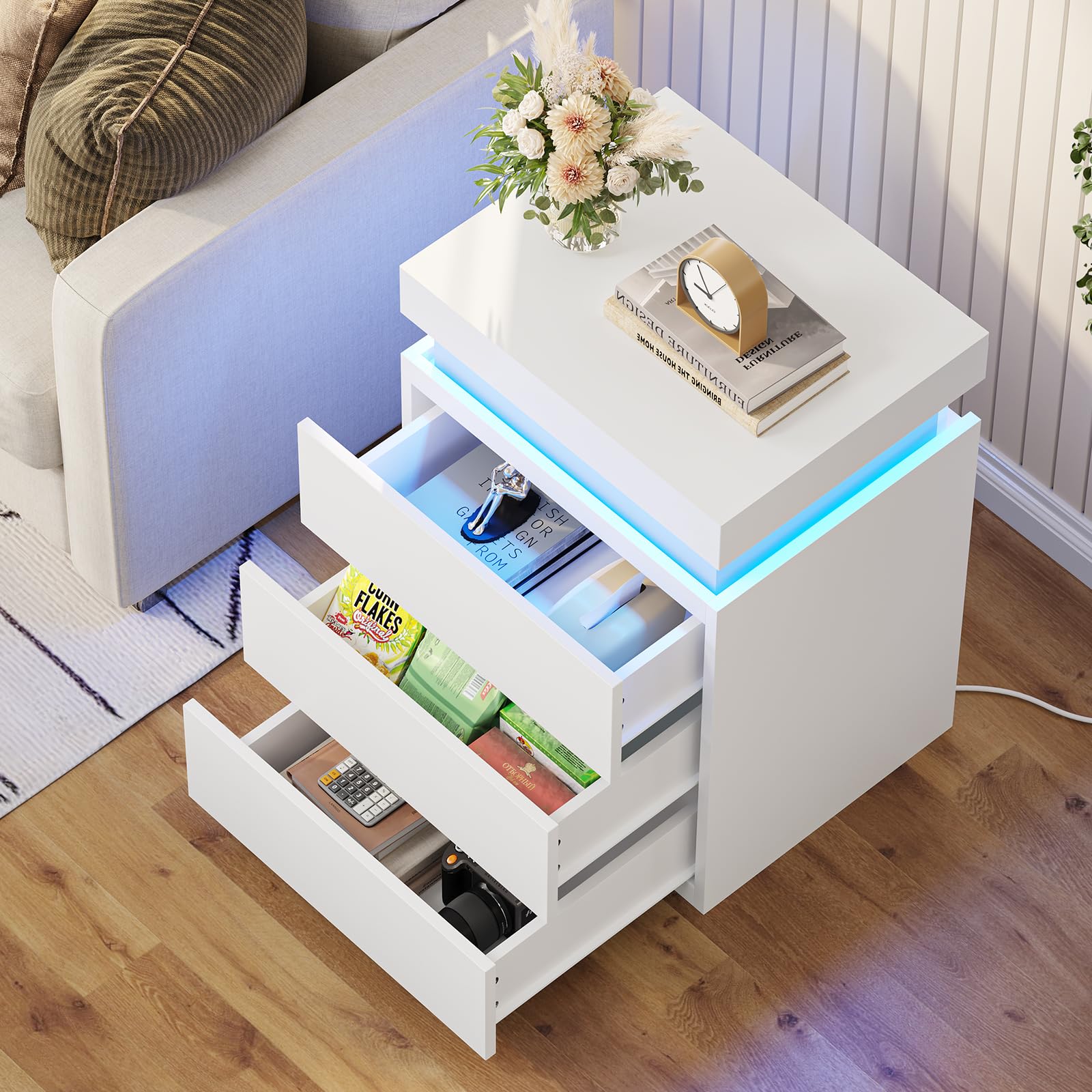 LED Nightstand with Charging Station and Sliding Top