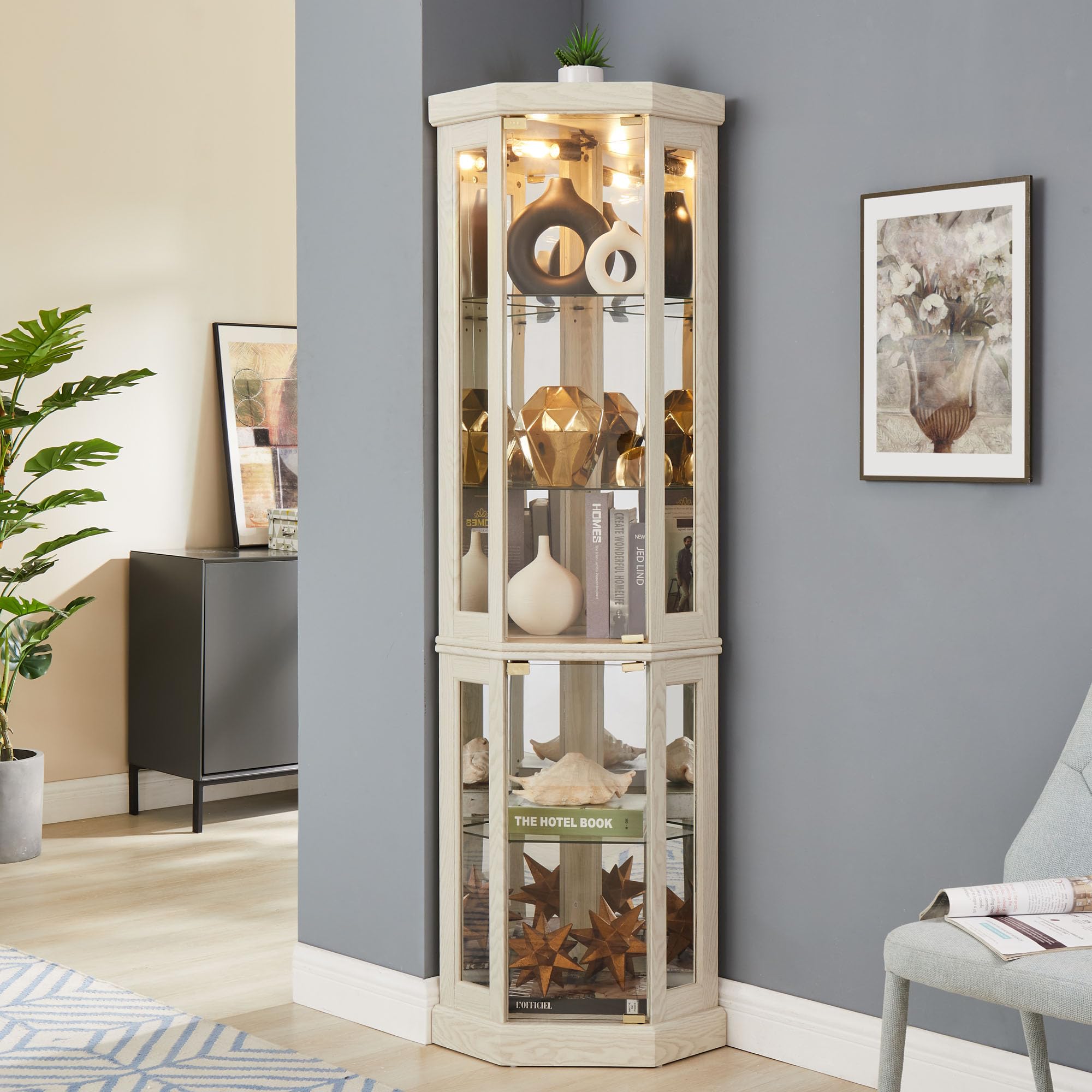 Lighted Glass Curio Cabinet with Adjustable Shelves