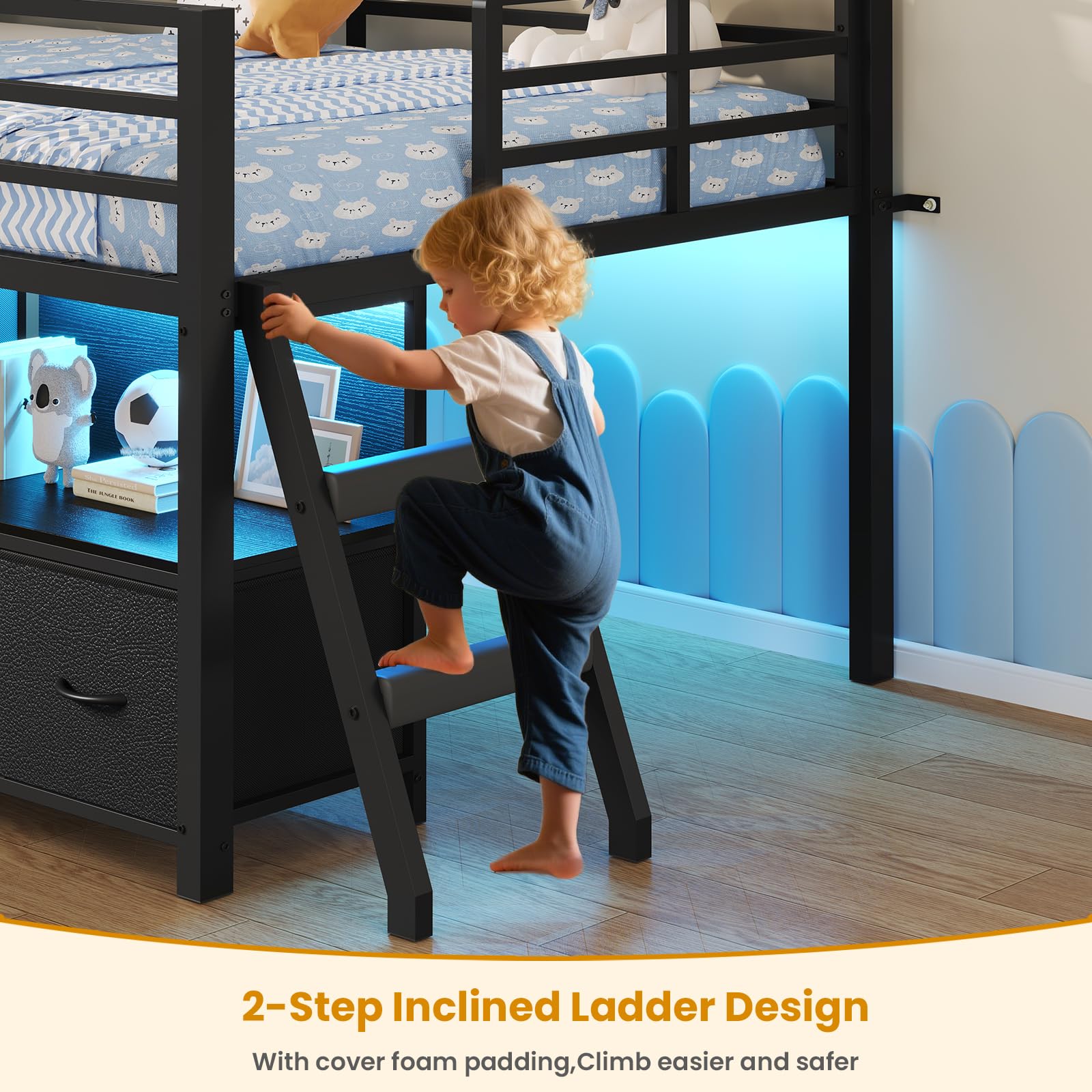 ADORNEVE Low Loft Bed Twin Size with 7 Storage Drawers, Bookcase and LED Lights, Metal Kids Loft Bed with 14" H Safety Guardrail,Inclined Ladder and Play Curtain, Under-Bed Play Space, Black