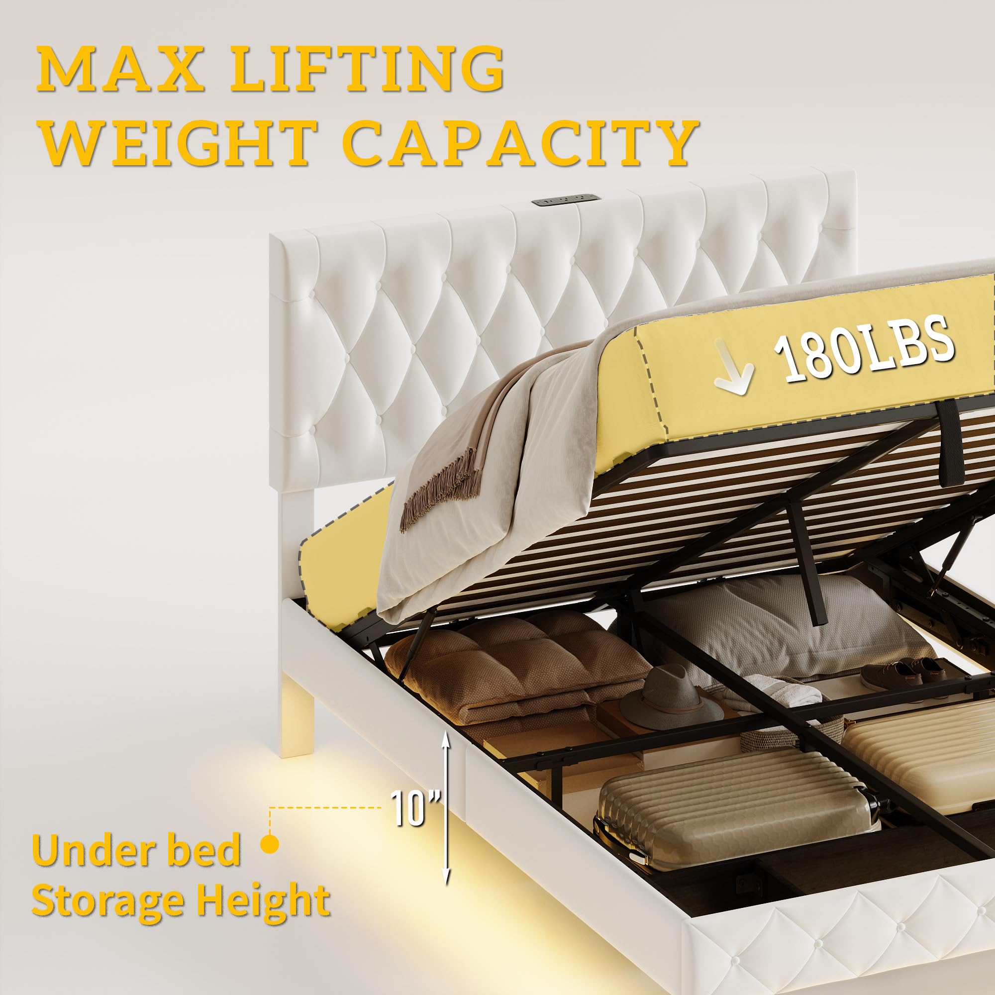 Queen Size Hydraulic Lift Storage Bed with LED Lights