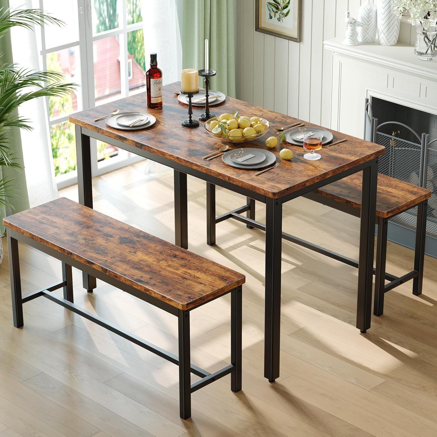 3-Piece Dining Table Set with 2 Benches