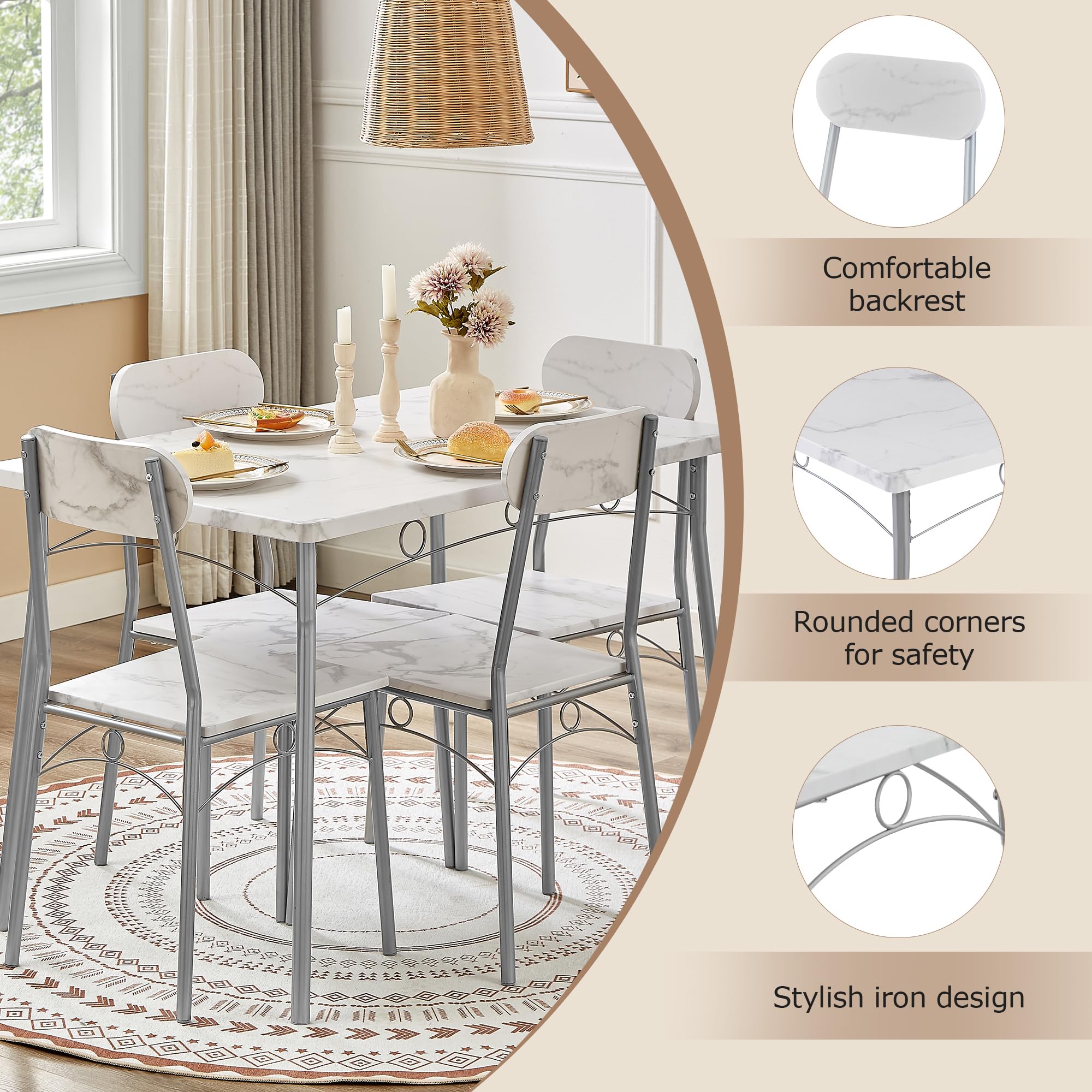 5-Piece Dining Table Set for 4 with Wooden Chairs