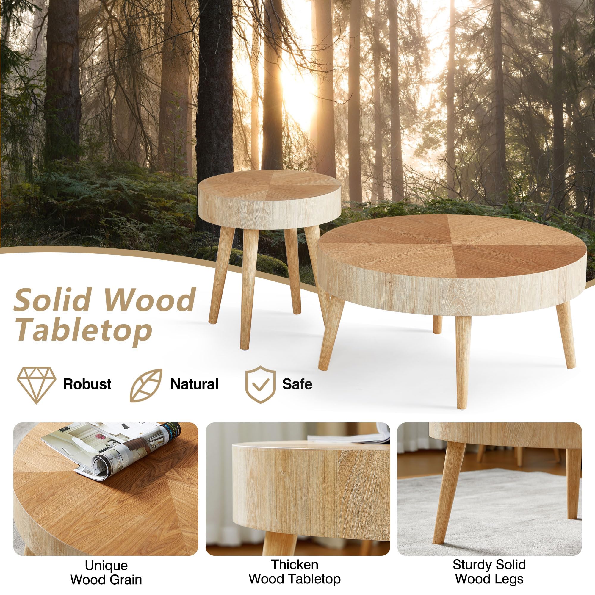 2-Piece Round Wood Coffee Table Set