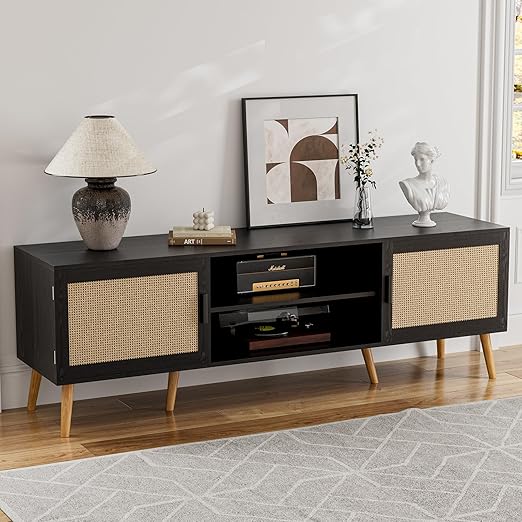 65 Inch TV Stand with Rattan Doors and Storage Cabinets