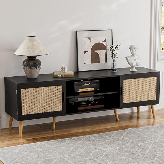 TV Stand for TVs up to 65 with Rattan Door and Storage