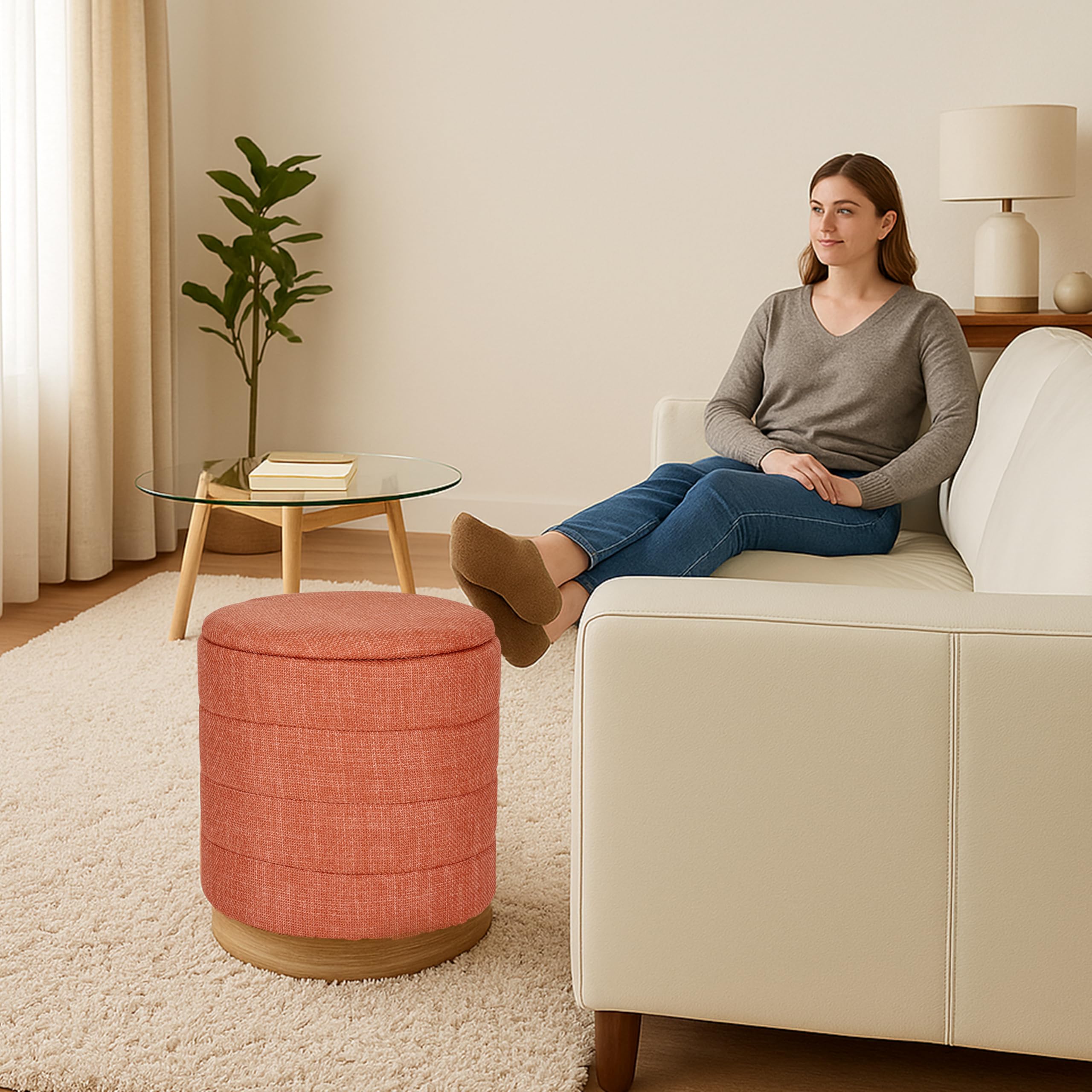 Round Storage Ottoman - Linen Upholstered Footrest Bench