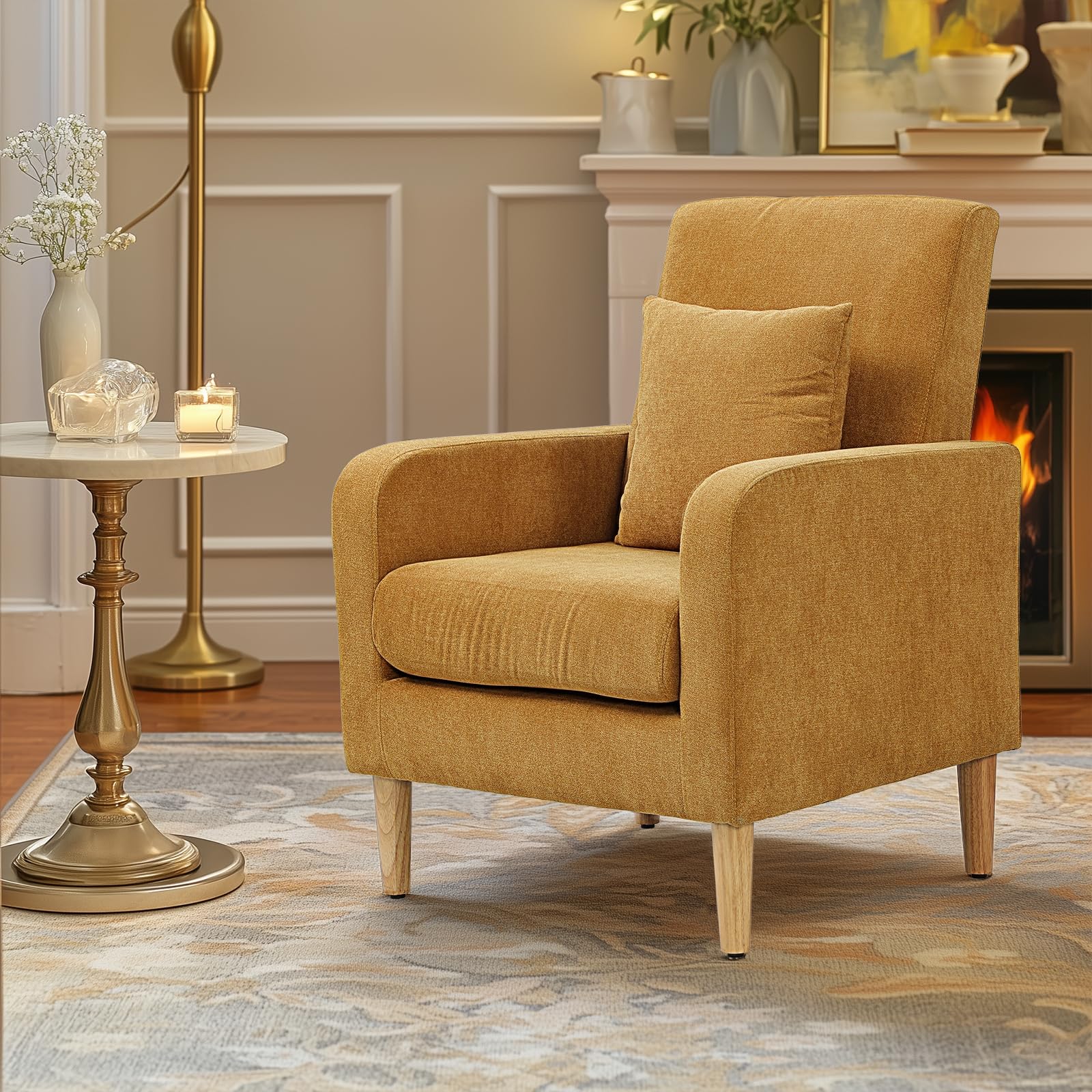 Upholstered Accent Chair with Pillow and Wooden Legs