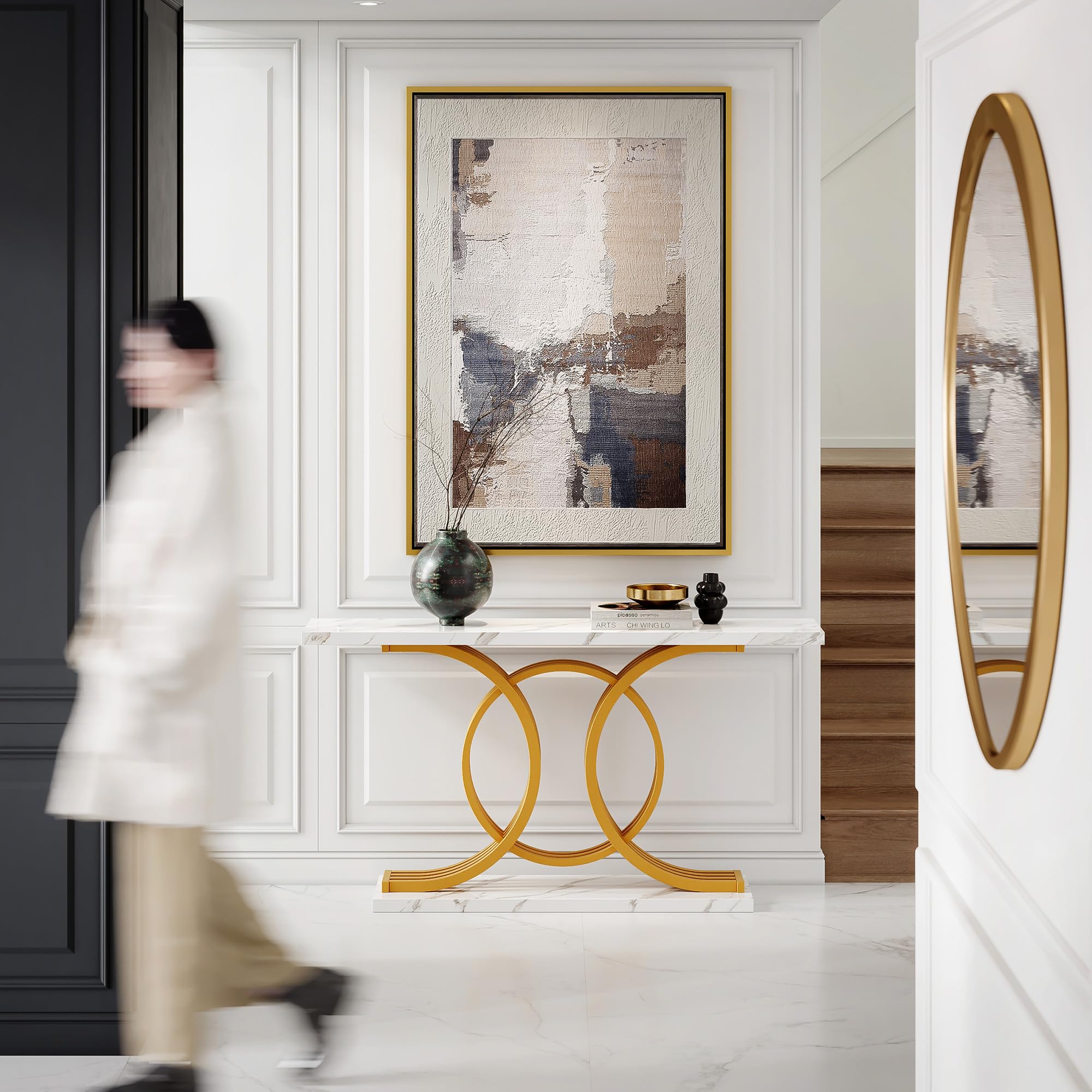 55 Inch Gold Entryway Console Table with Faux Marble Top