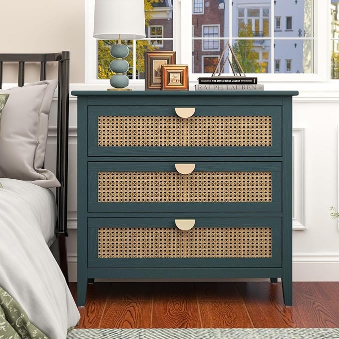 Rattan 3 Drawer Dresser with Storage Cabinet