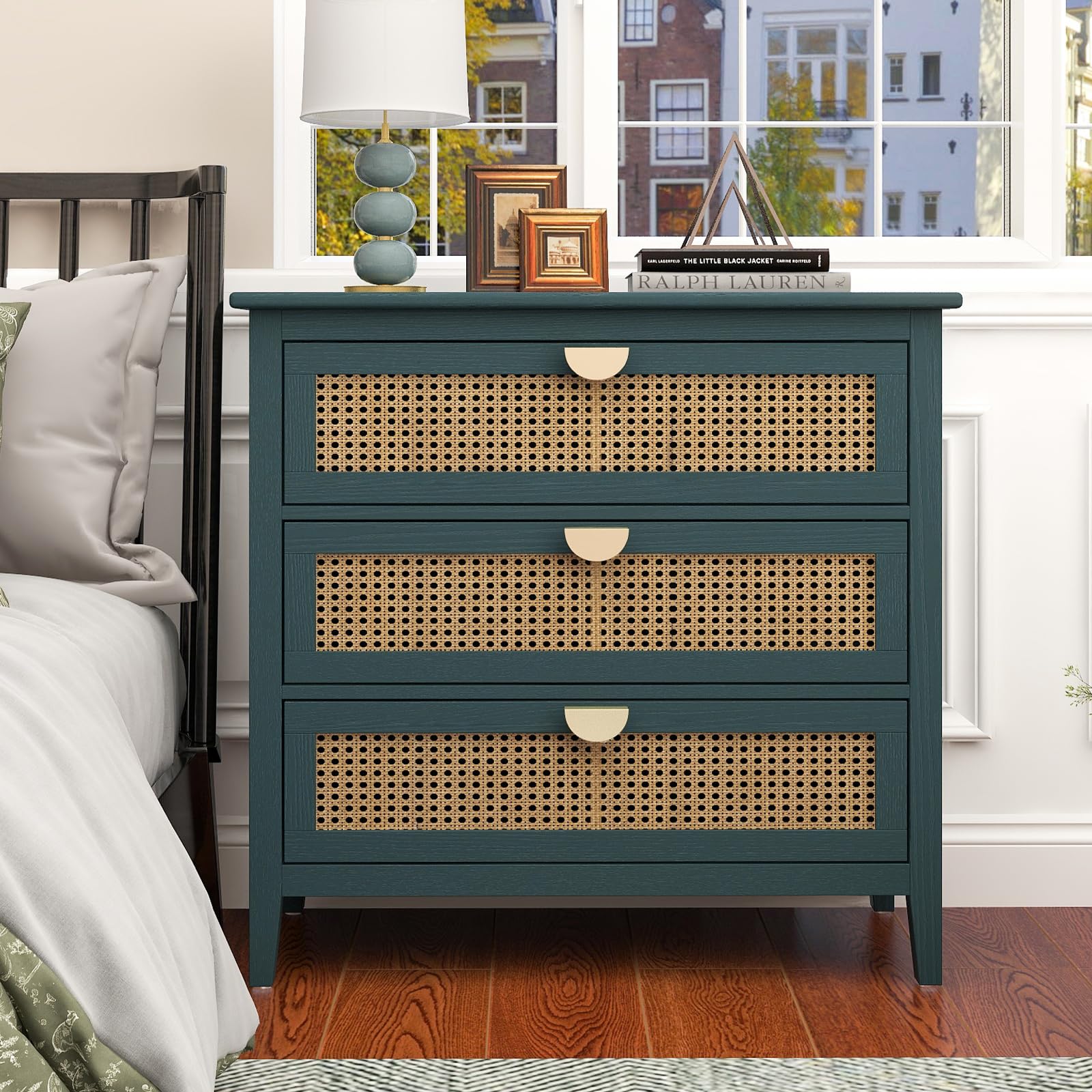Rattan 3 Drawer Dresser - Modern Wood Chest with Storage