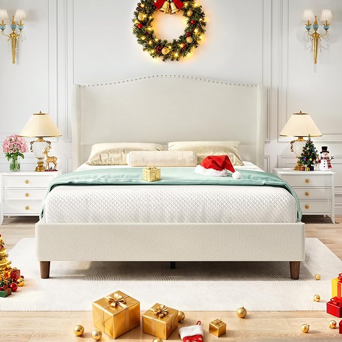 Queen Size Chenille Bed Frame with 52" Tall Headboard