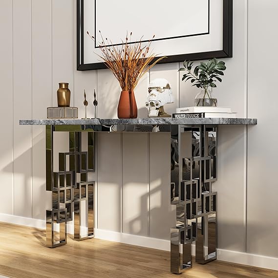 55" White Gold Console Table - Modern Rectangle Entryway Sofa Table