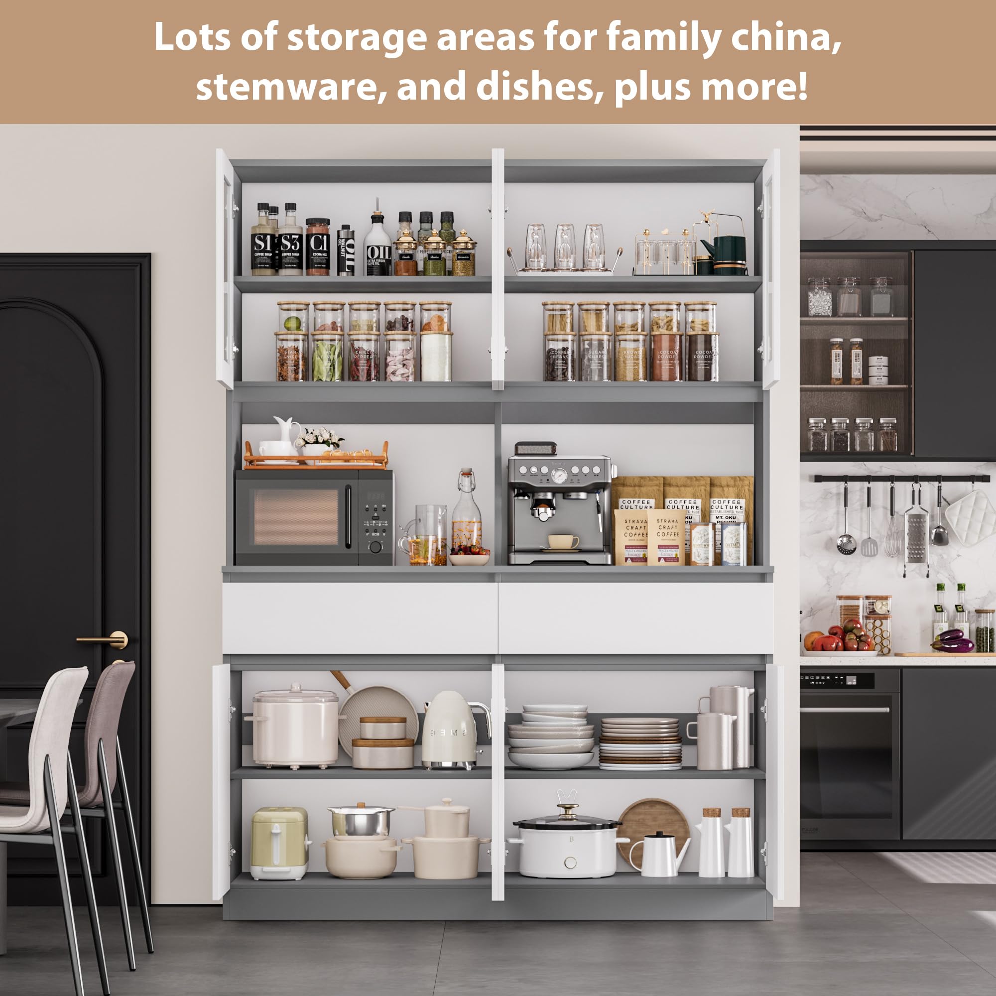 Kitchen Pantry Storage Cabinet with Glass Doors