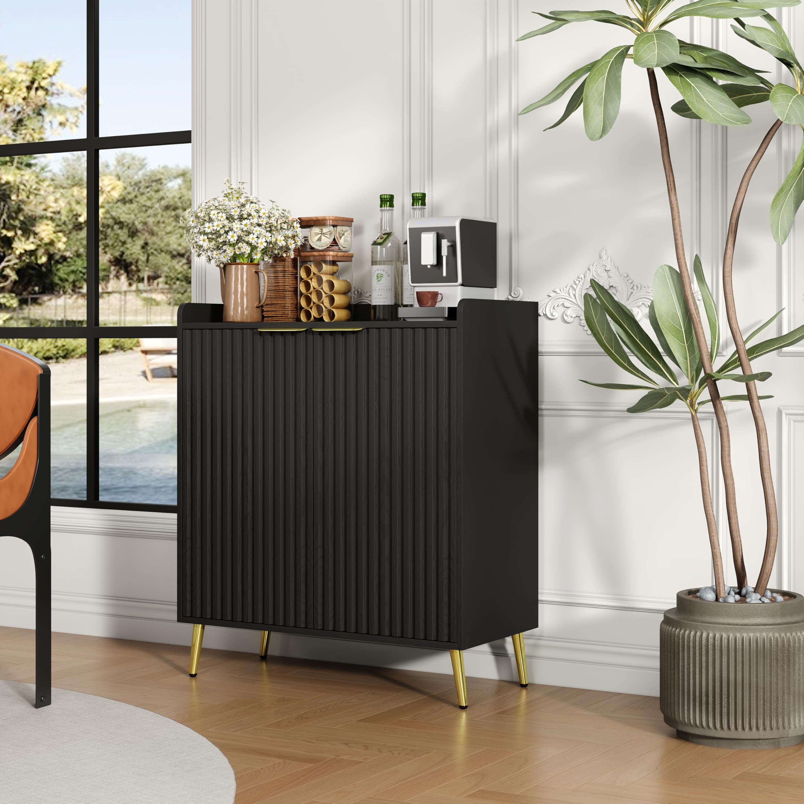 Modern Wine Bar Cabinet with Fluted Door and Glass Holder