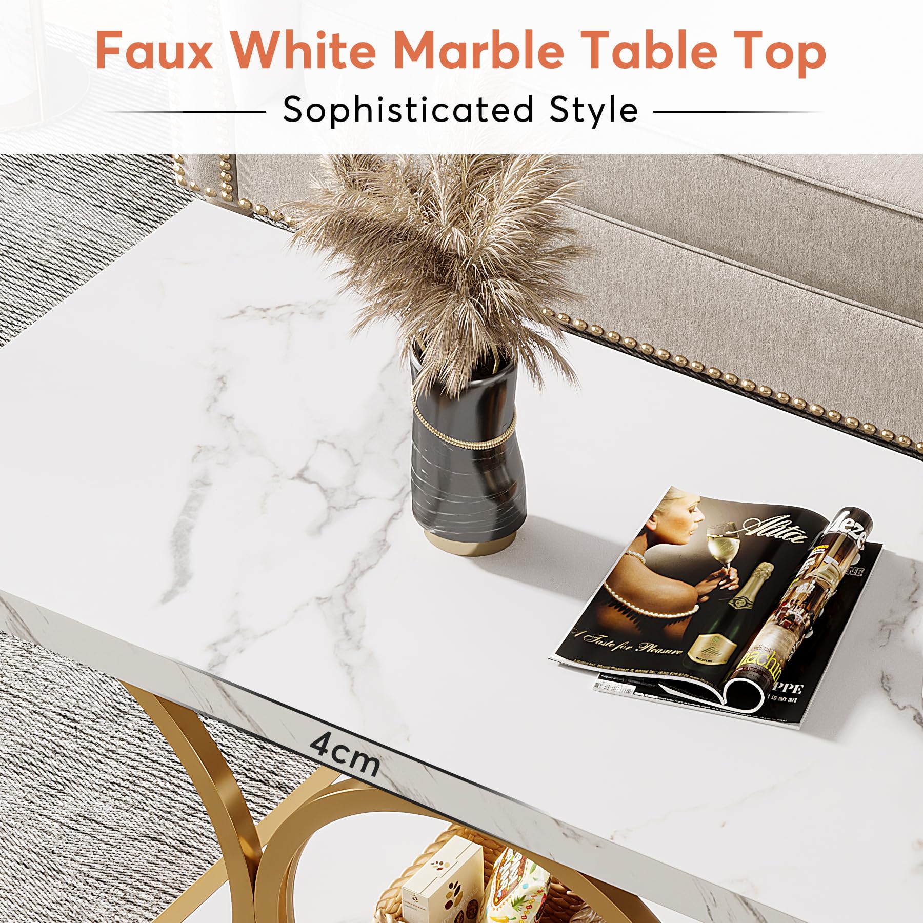 Tribesigns Rectangle Coffee Table, 46.45-inch Modern Coffee Tables for Living Room, 2-Tier Faux Marble Wood Coffee Table with Geometric Legs, Furniture with Storage Shelf (White & Gold)