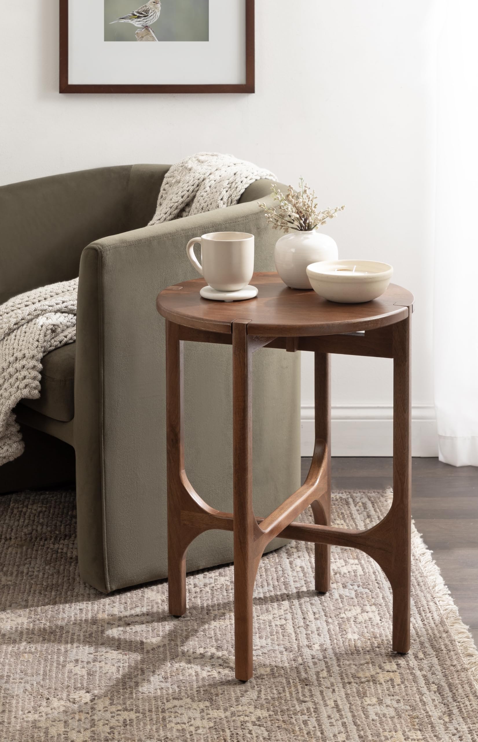 Modern Geometric Mango Wood Round Side Table