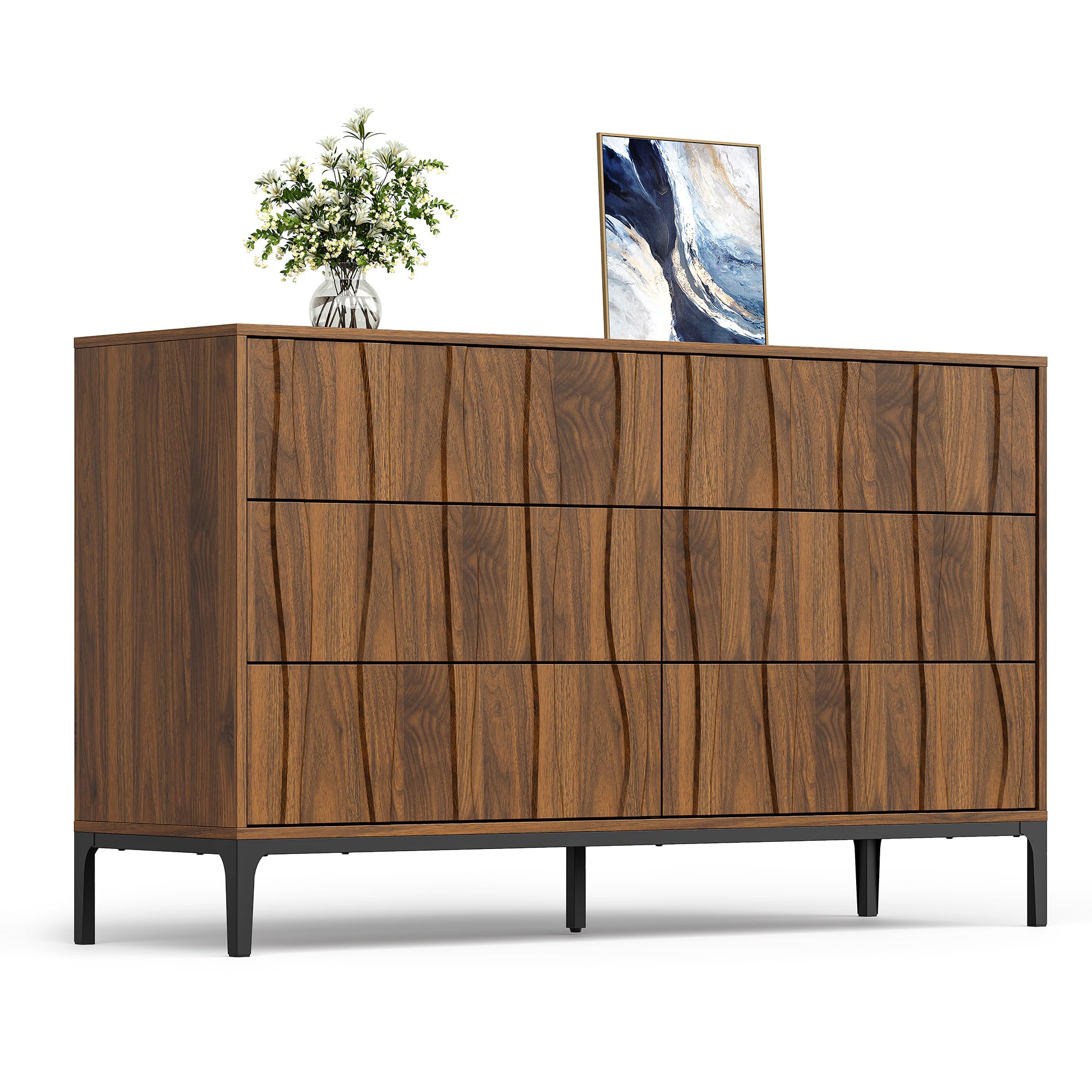 6-Drawer Dresser 54" Walnut Finish Wave Front with Push-to-Open