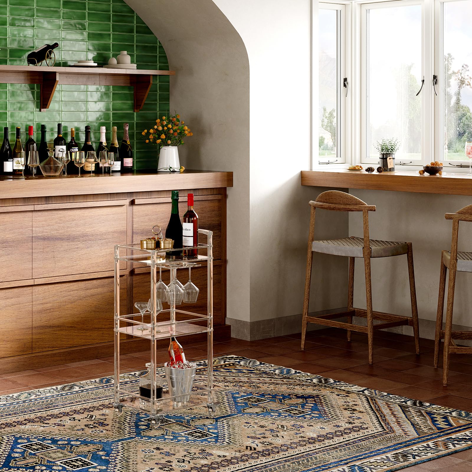 3-Tier Acrylic Rolling Bar Cart with Lockable Wheels