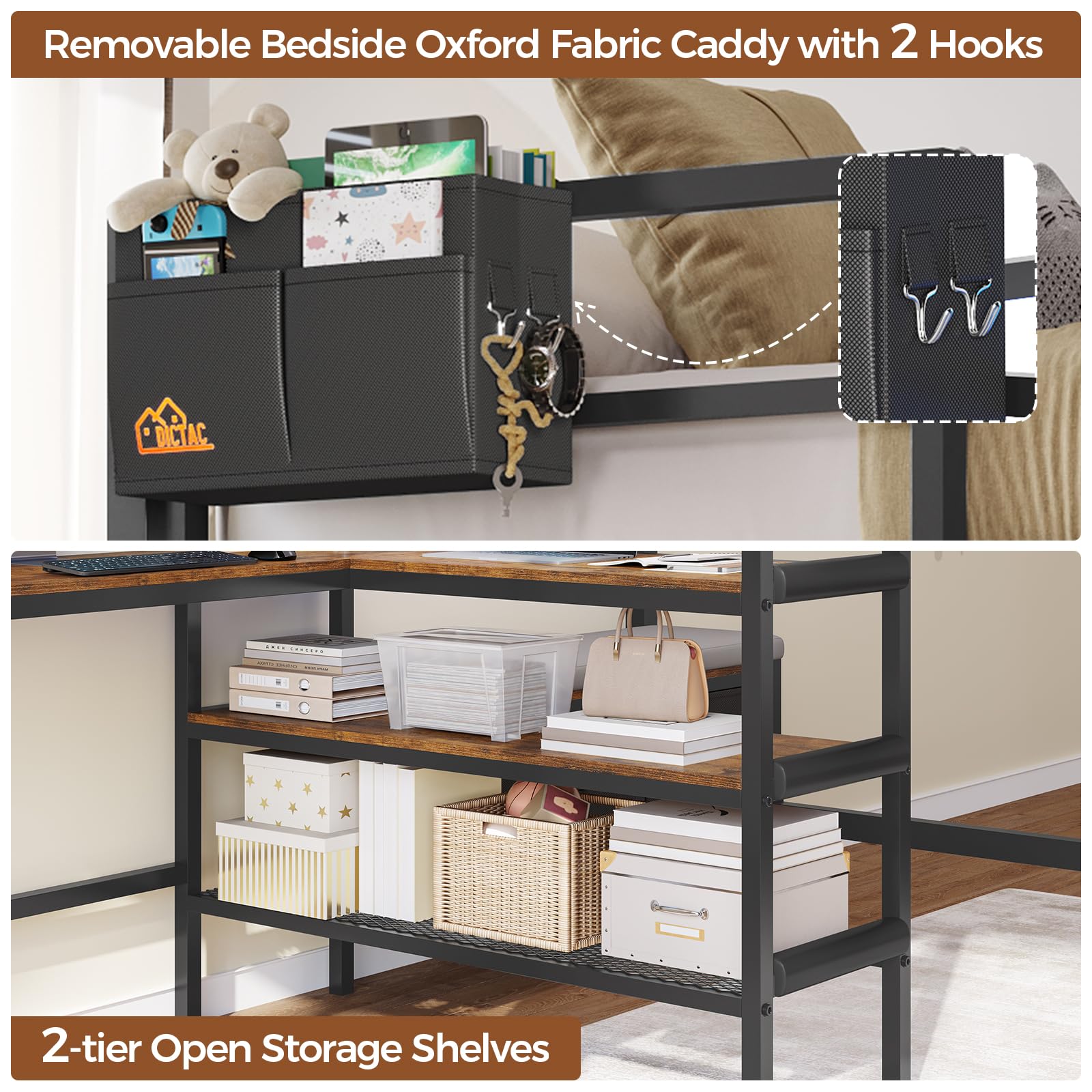 Twin Loft Bed with L-Shaped Desk and Storage Shelves