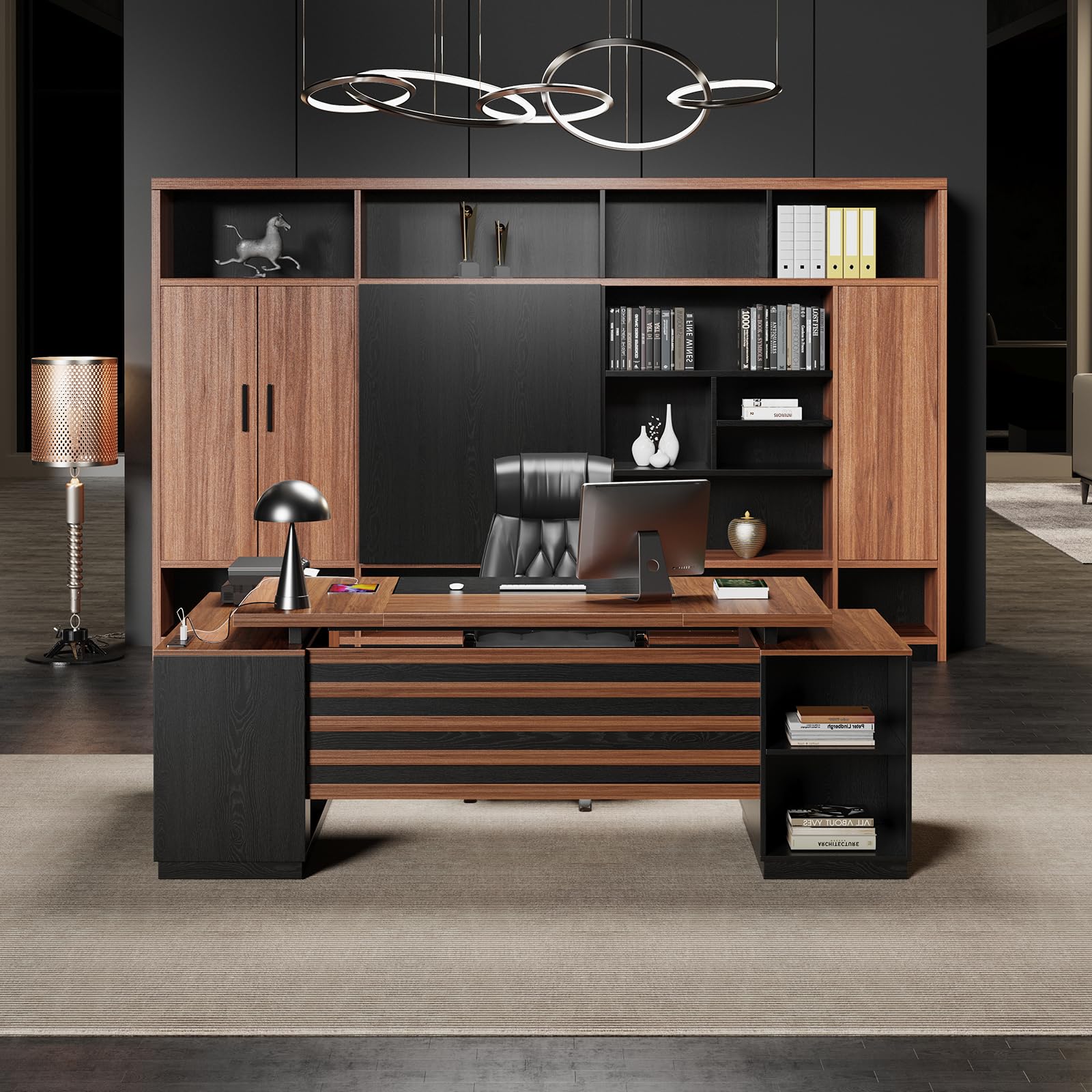 78" L-Shaped Executive Desk with Power Outlets & Storage