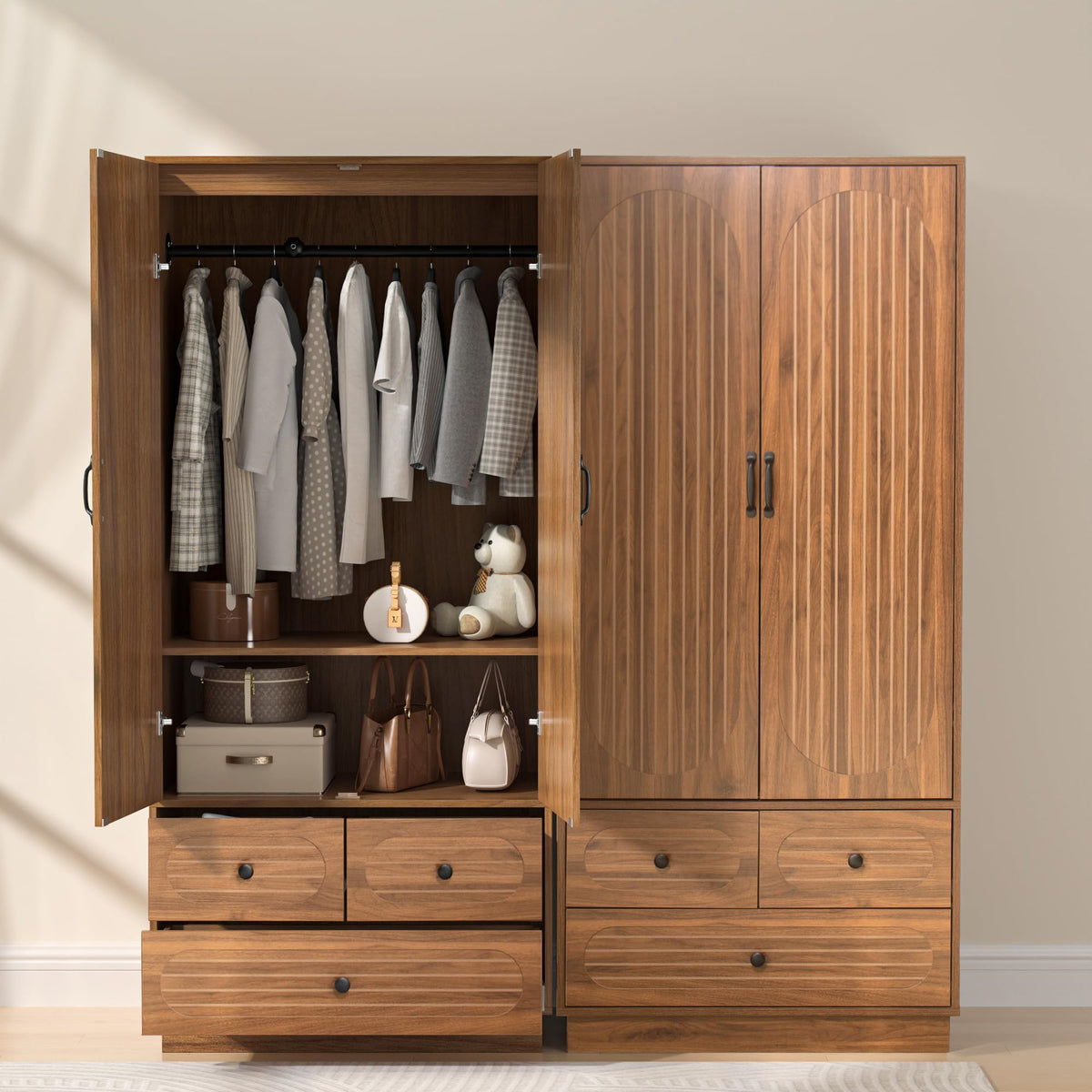 Armoire Wardrobe Closet with Doors and 3 Drawers - Walnut