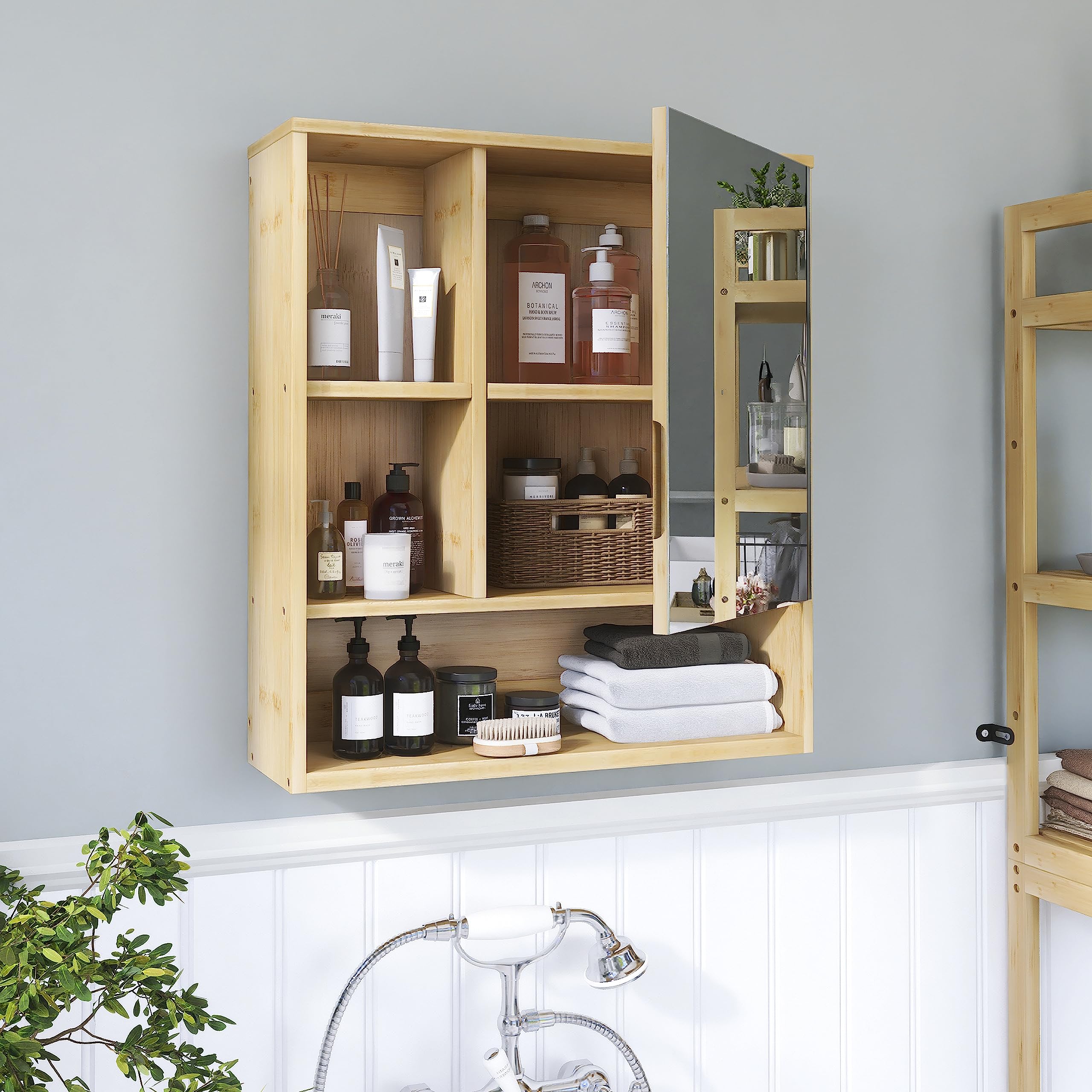 Bamboo Bathroom Mirror Cabinet Wall Mounted with Adjustable Shelf