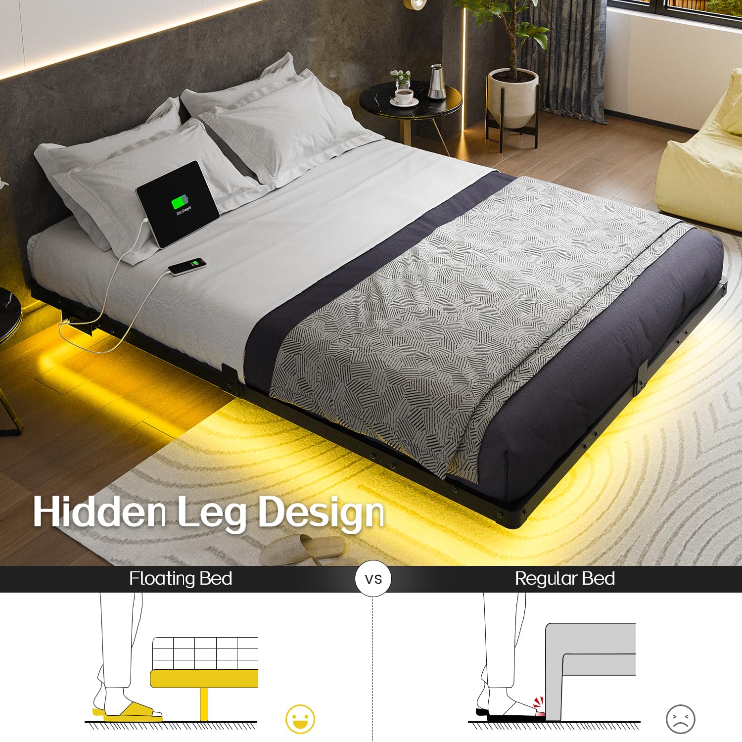 Queen Size Floating Bed Frame with USB Charging Station and LED Lights