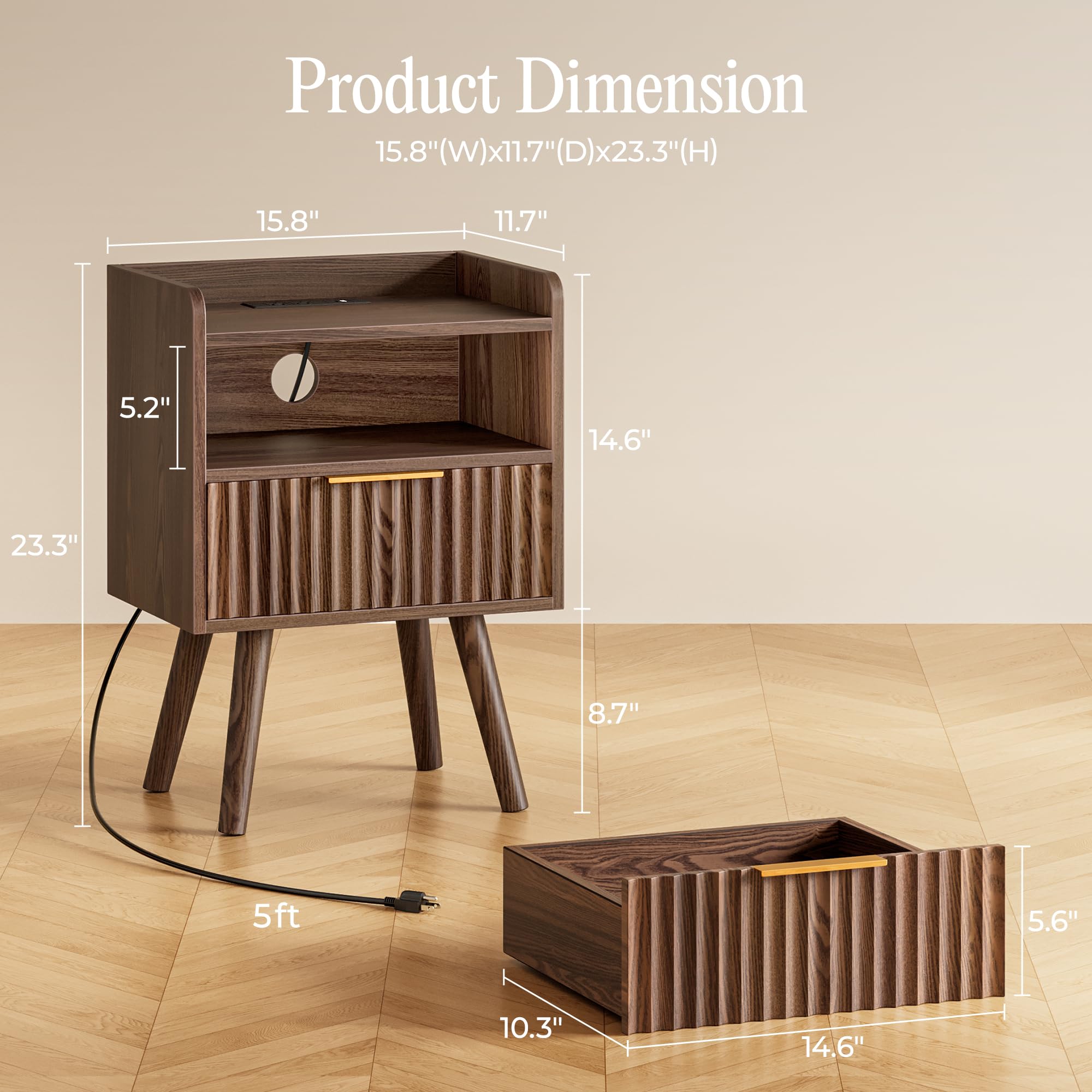 Fluted Nightstand with Charging Station and Drawer