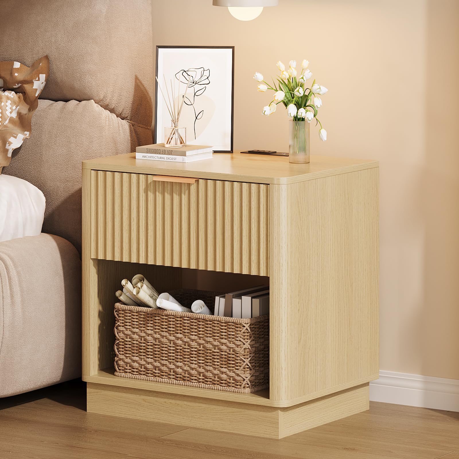 Trironsun Fluted Nightstand with Charging Station Modern Bedside Table with Drawer and Open Shelf Mid Century End Table with Storage for Bedroom Living Room Sofa Office